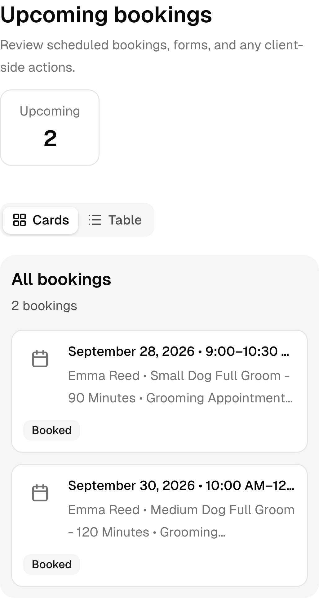 Upcoming pet grooming bookings in the real mobile client portal.