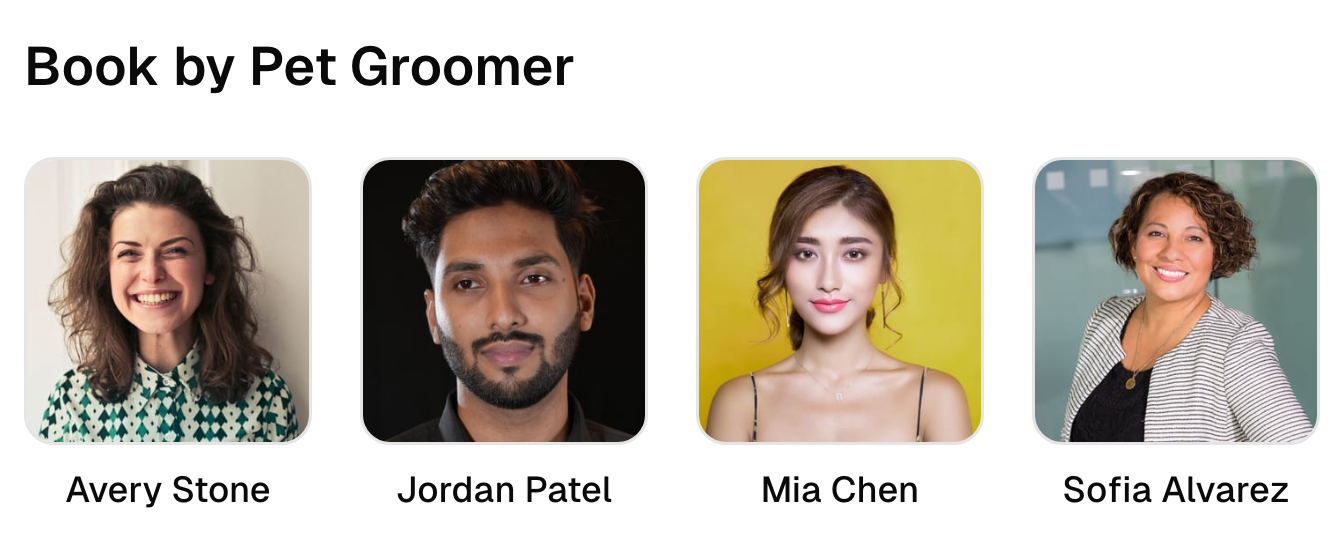Four team profiles on the pet grooming booking page.