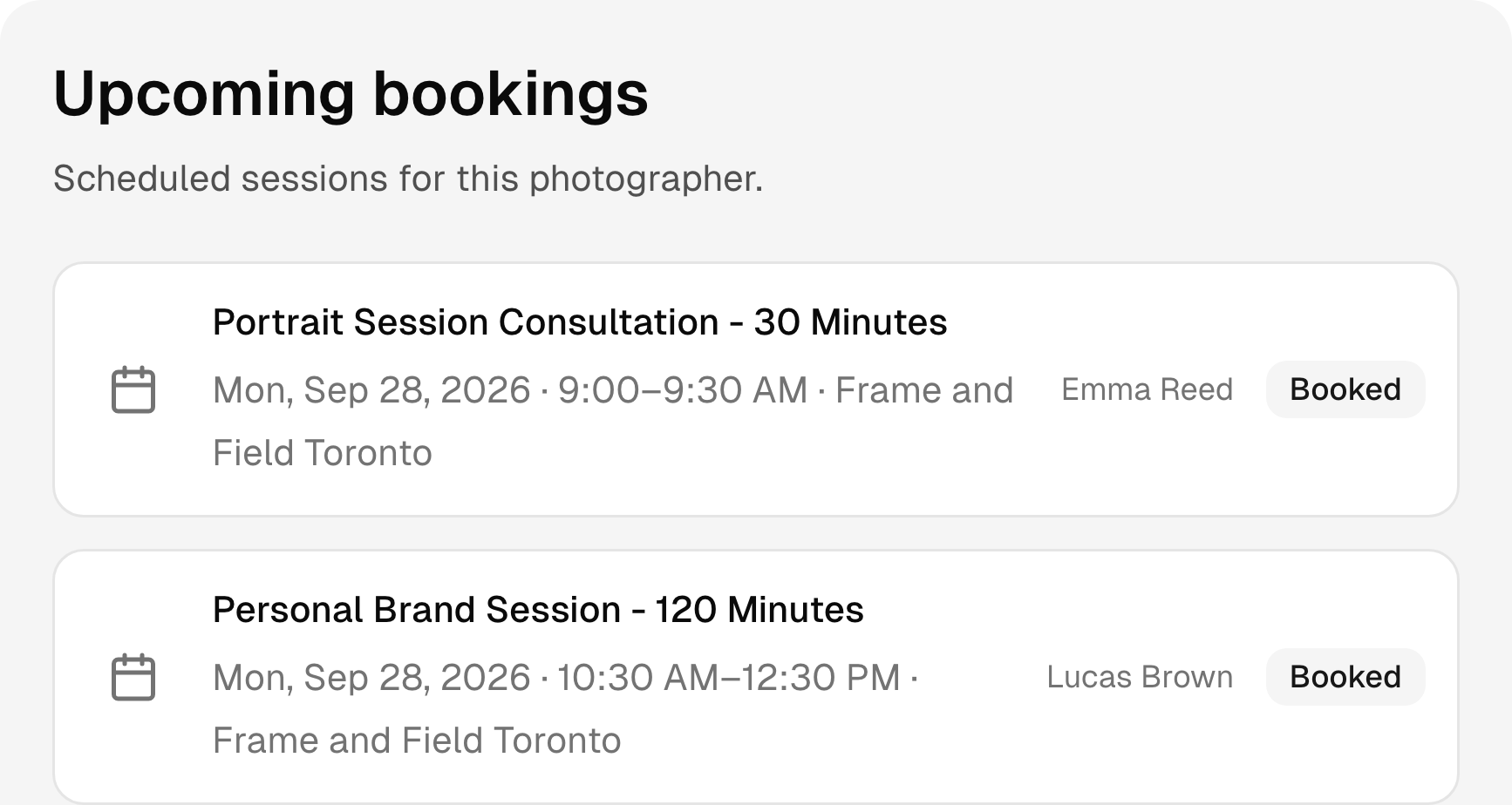 Upcoming photography studio bookings with services, times, and status.