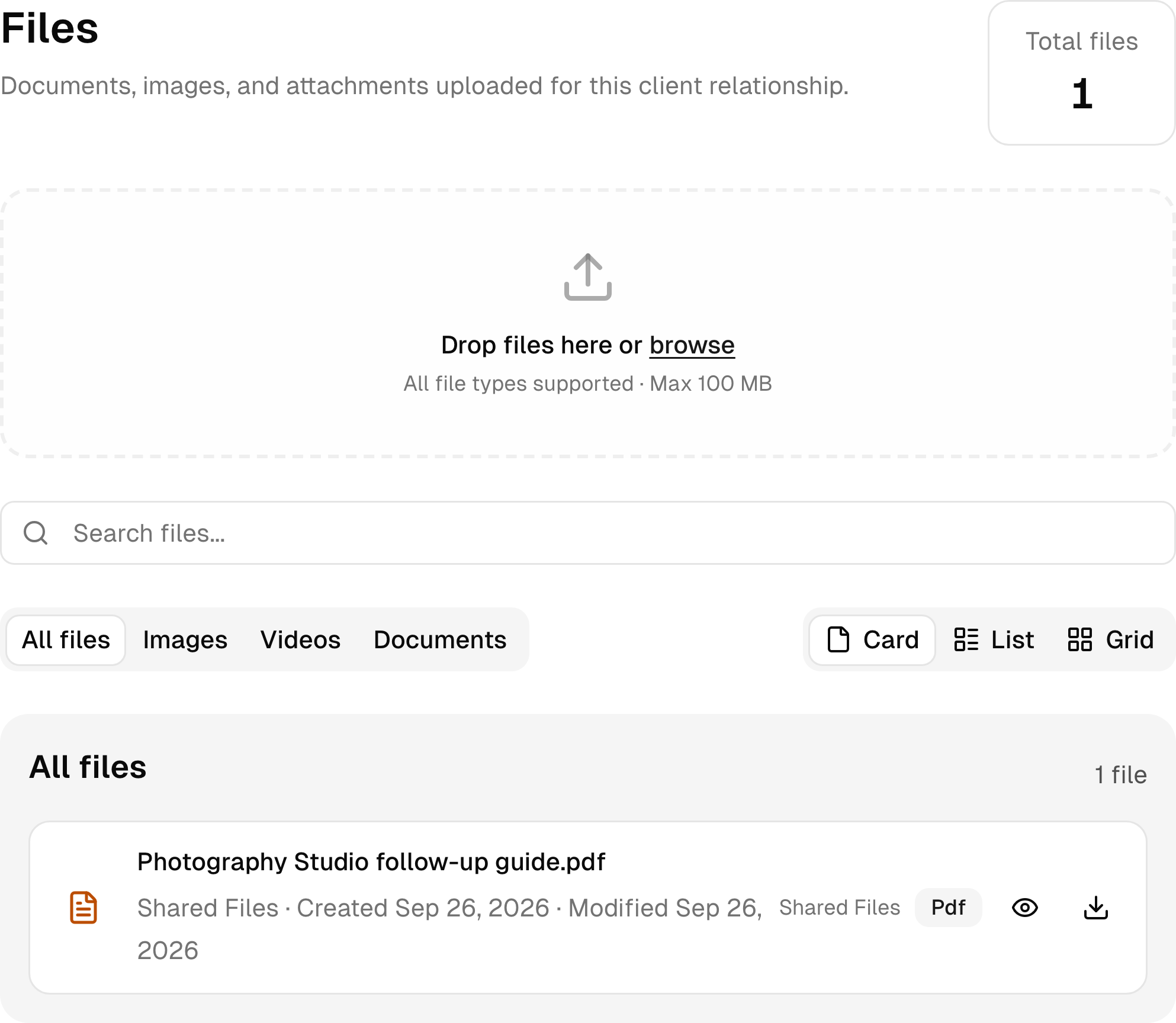Documents and shared files in a sample photography studio client workspace.