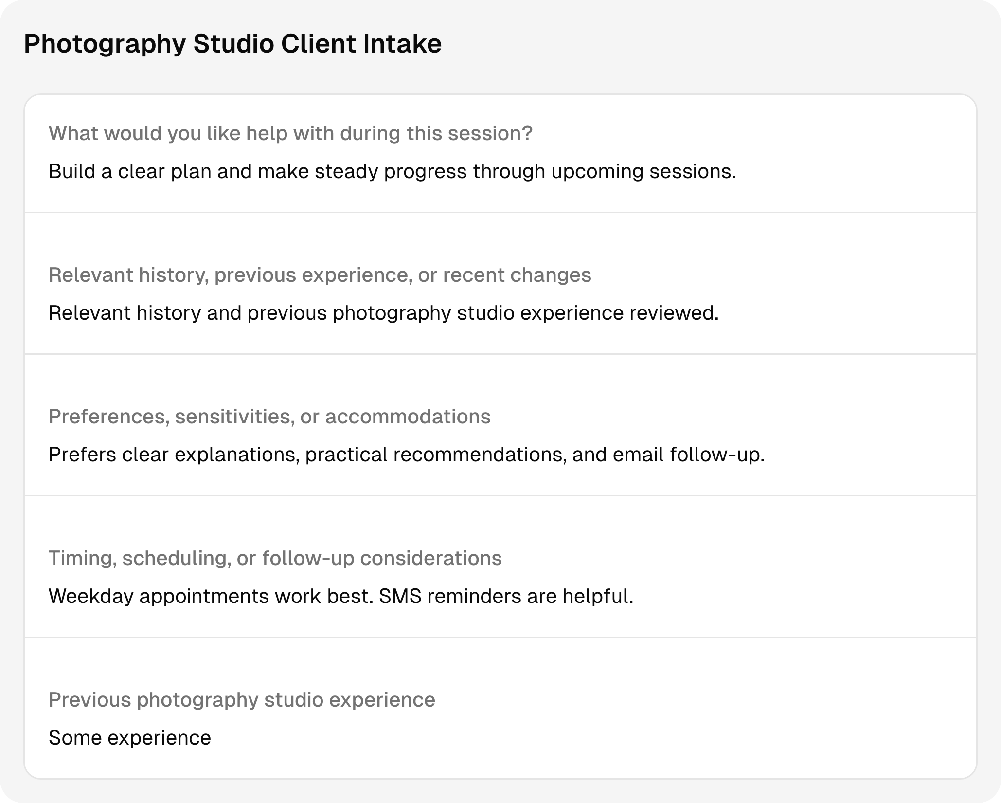 Completed photography studio intake questions and answers using sample client information.