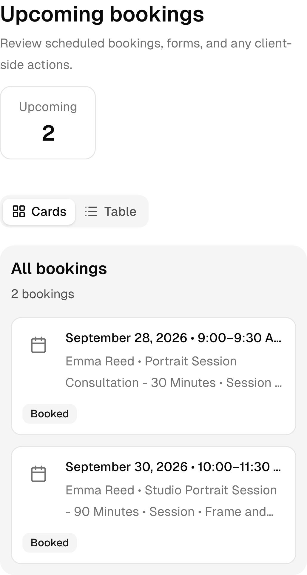 Upcoming photography studio bookings in the real mobile client portal.