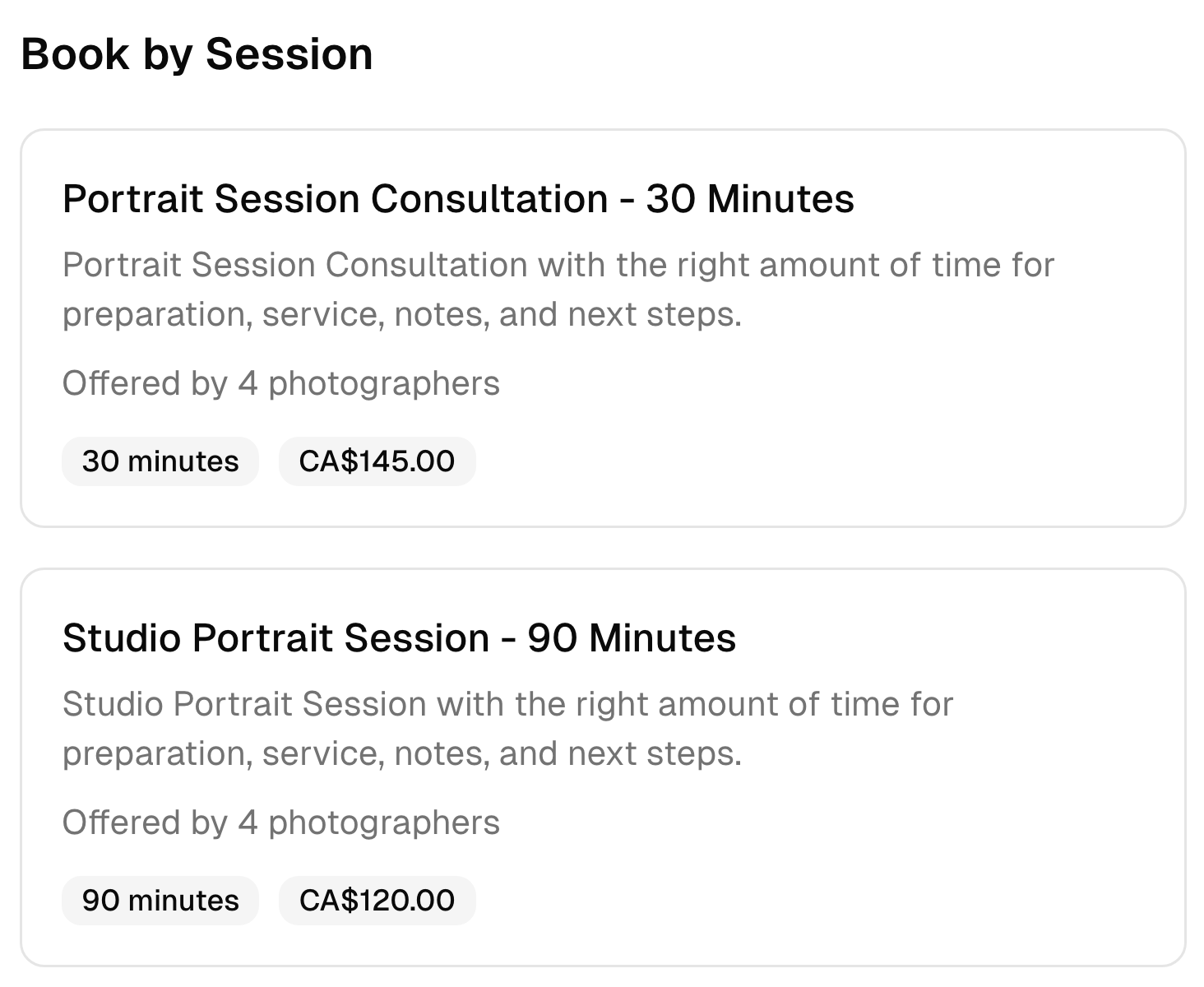 Two photography studio booking options with their descriptions, duration, team, and prices.