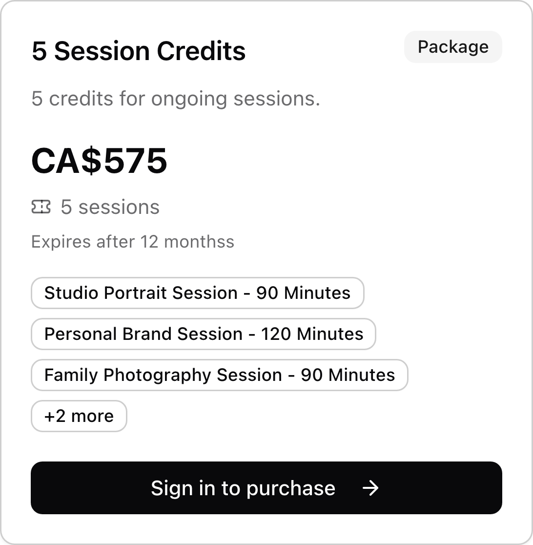 A photography studio credit package with price, included services, and purchase link.