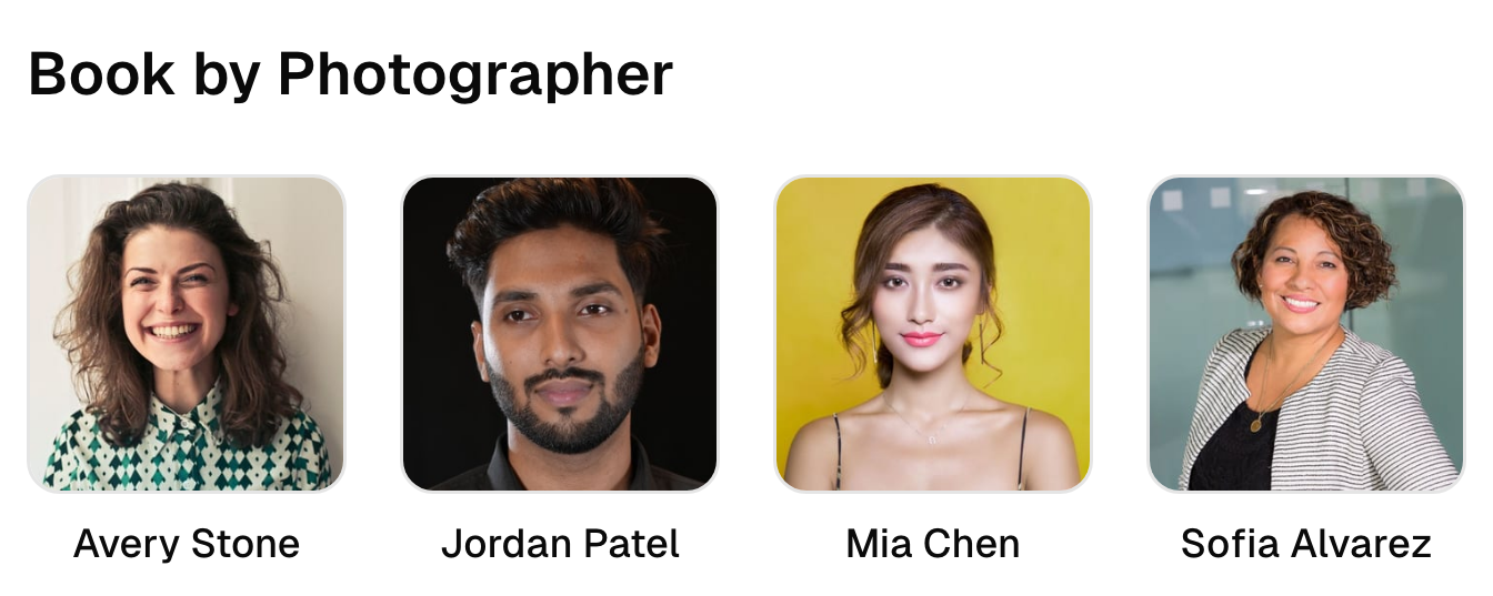 Four team profiles on the photography studio booking page.