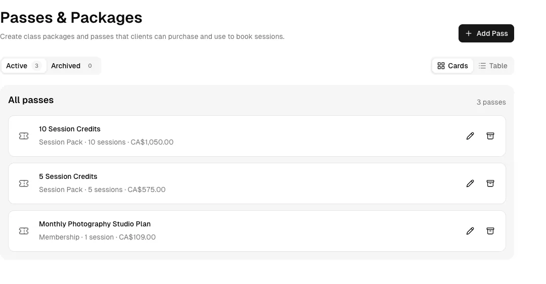 Photography Studio software showing packages.