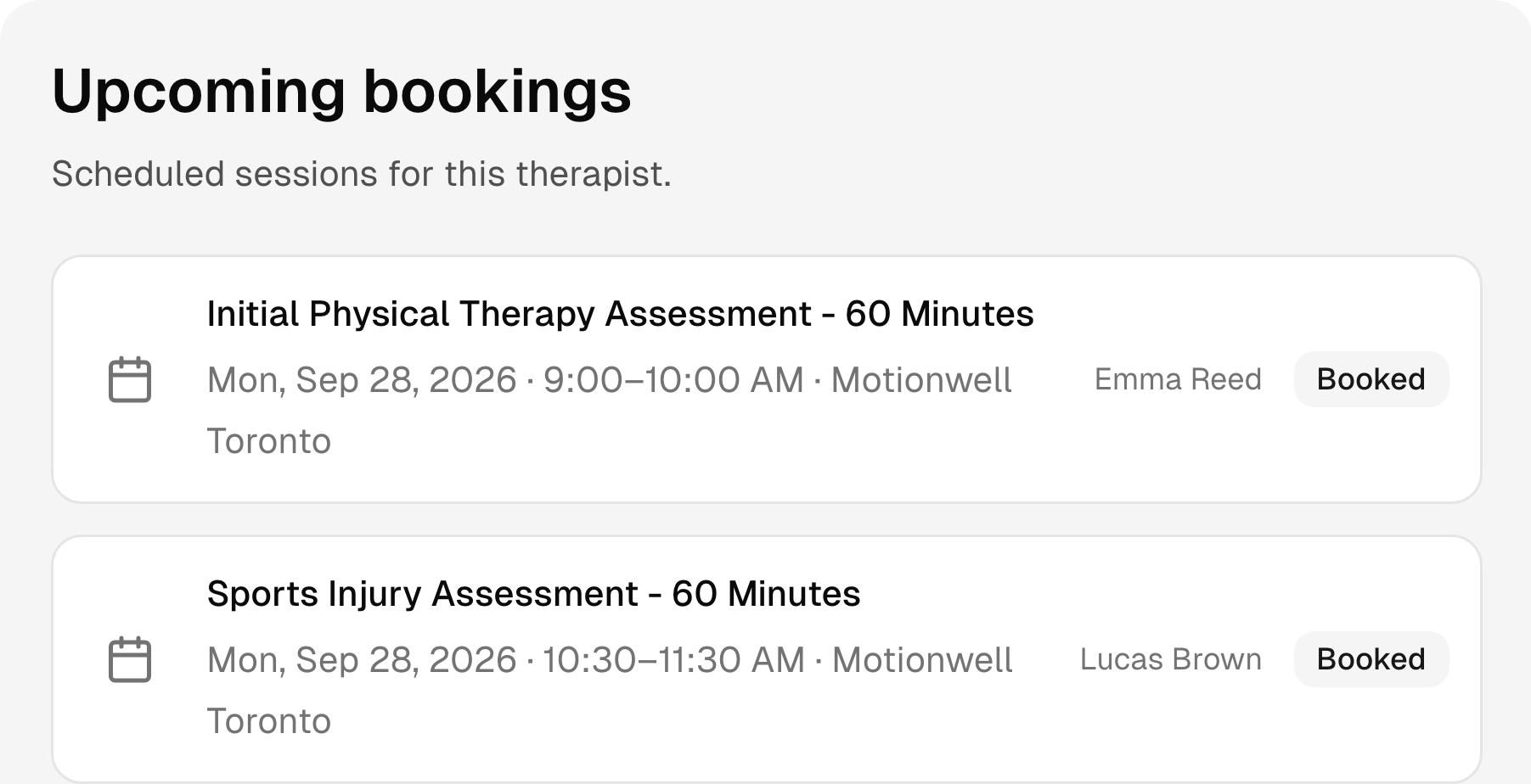 Upcoming physical therapy bookings with services, times, and status.