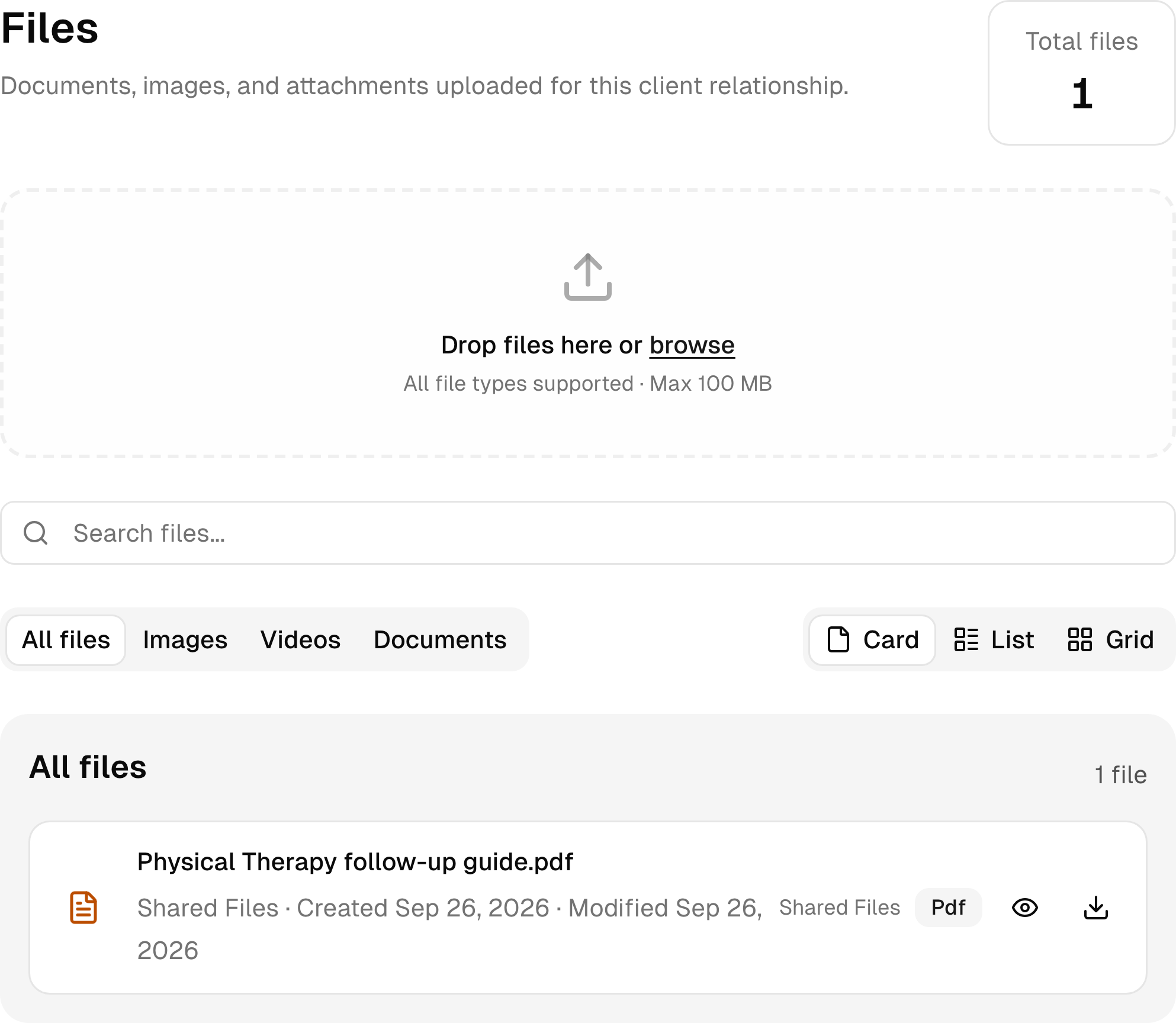 Documents and shared files in a sample physical therapy client workspace.