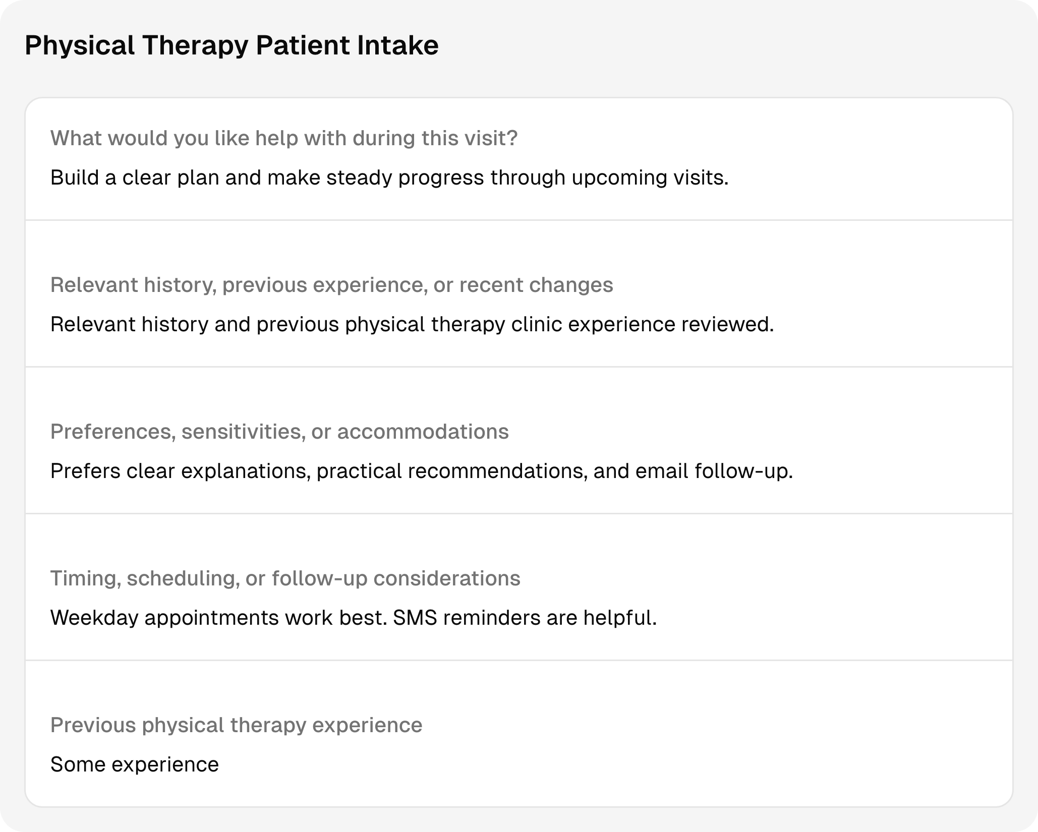 Completed physical therapy intake questions and answers using sample client information.