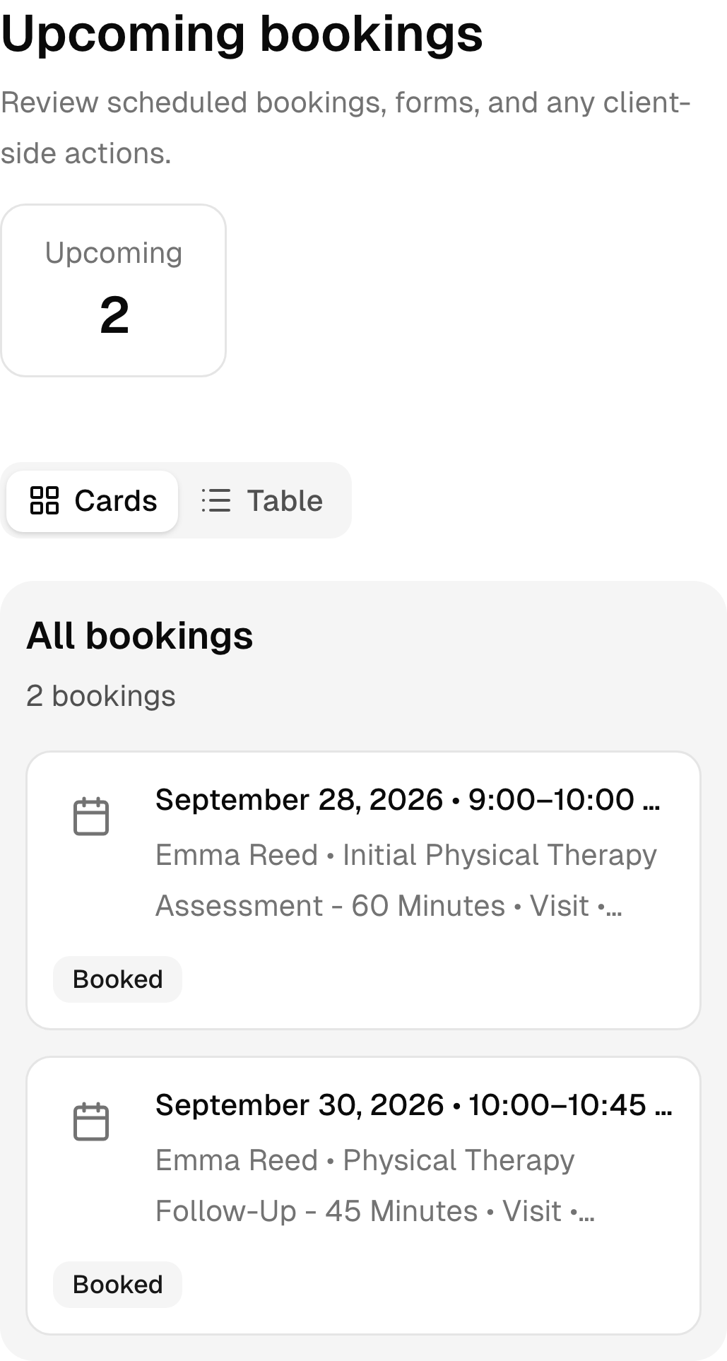 Upcoming physical therapy bookings in the real mobile client portal.