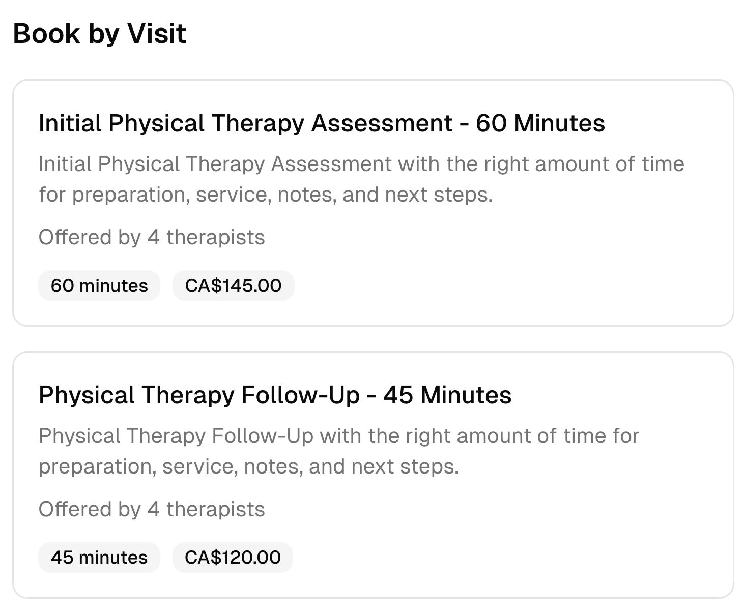 Two physical therapy booking options with their descriptions, duration, team, and prices.