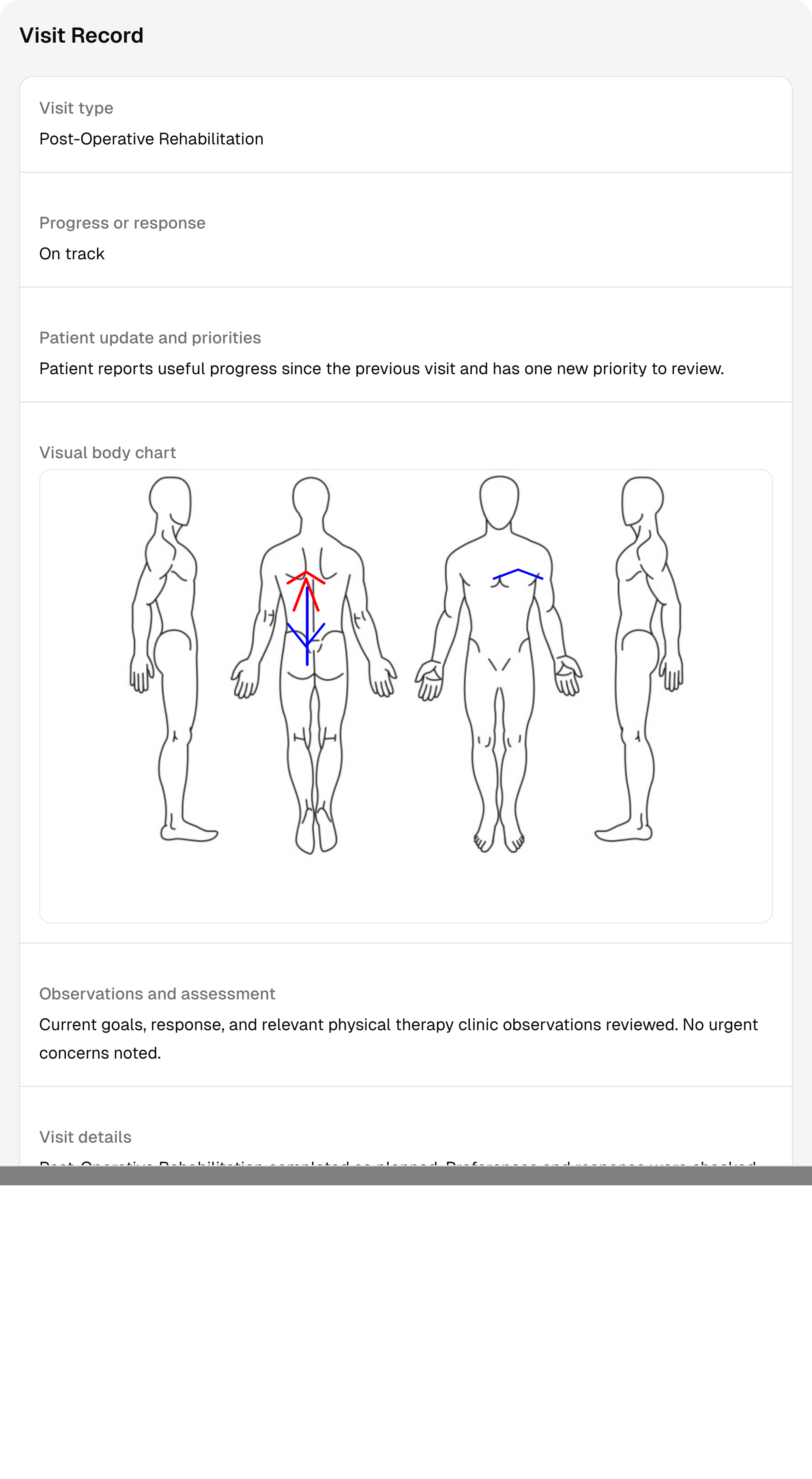 A completed physical therapy session record with sample notes and follow-up context.