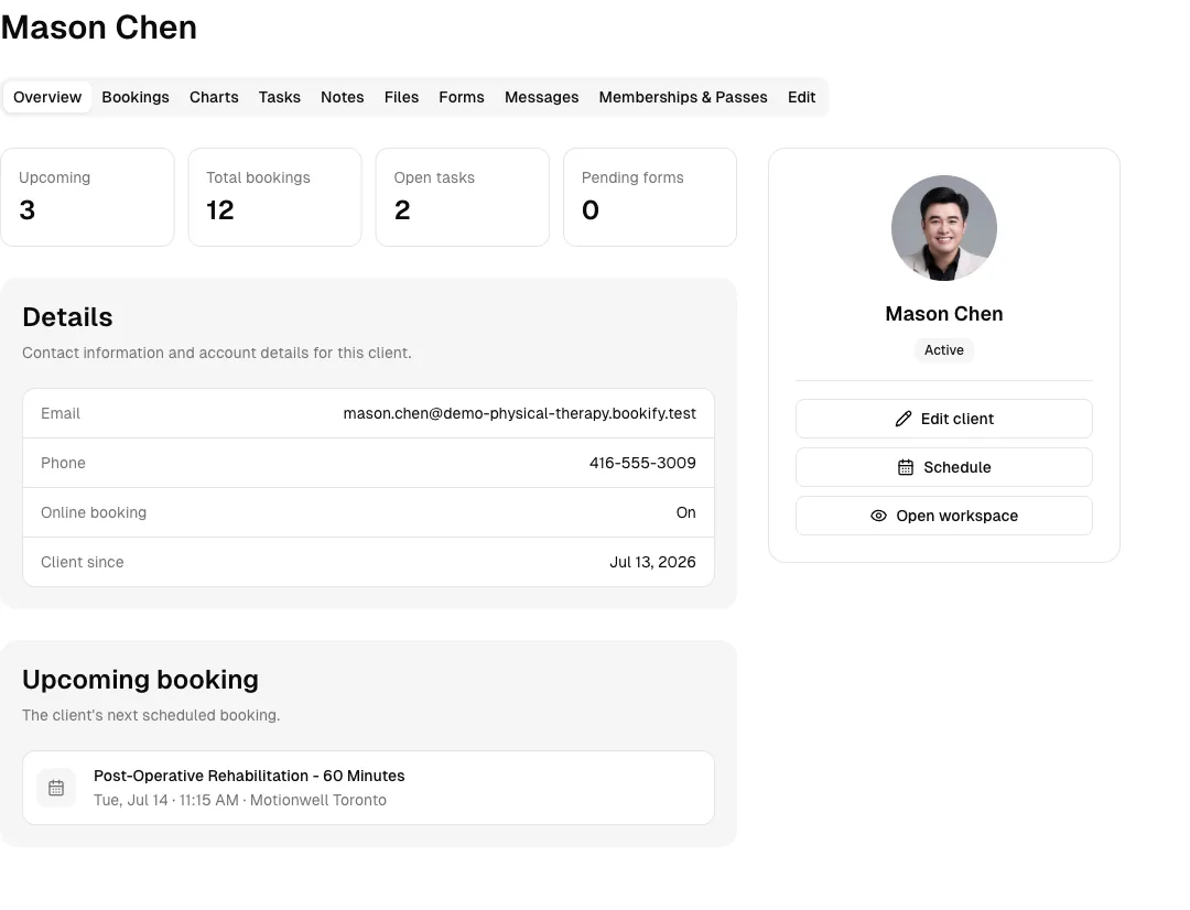 Physical Therapy software showing client profile.