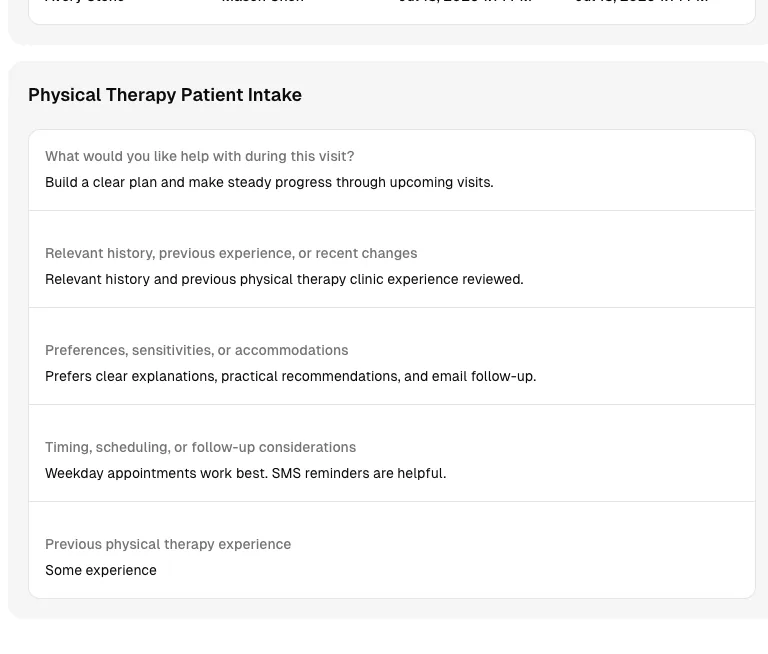 Physical Therapy software showing form.