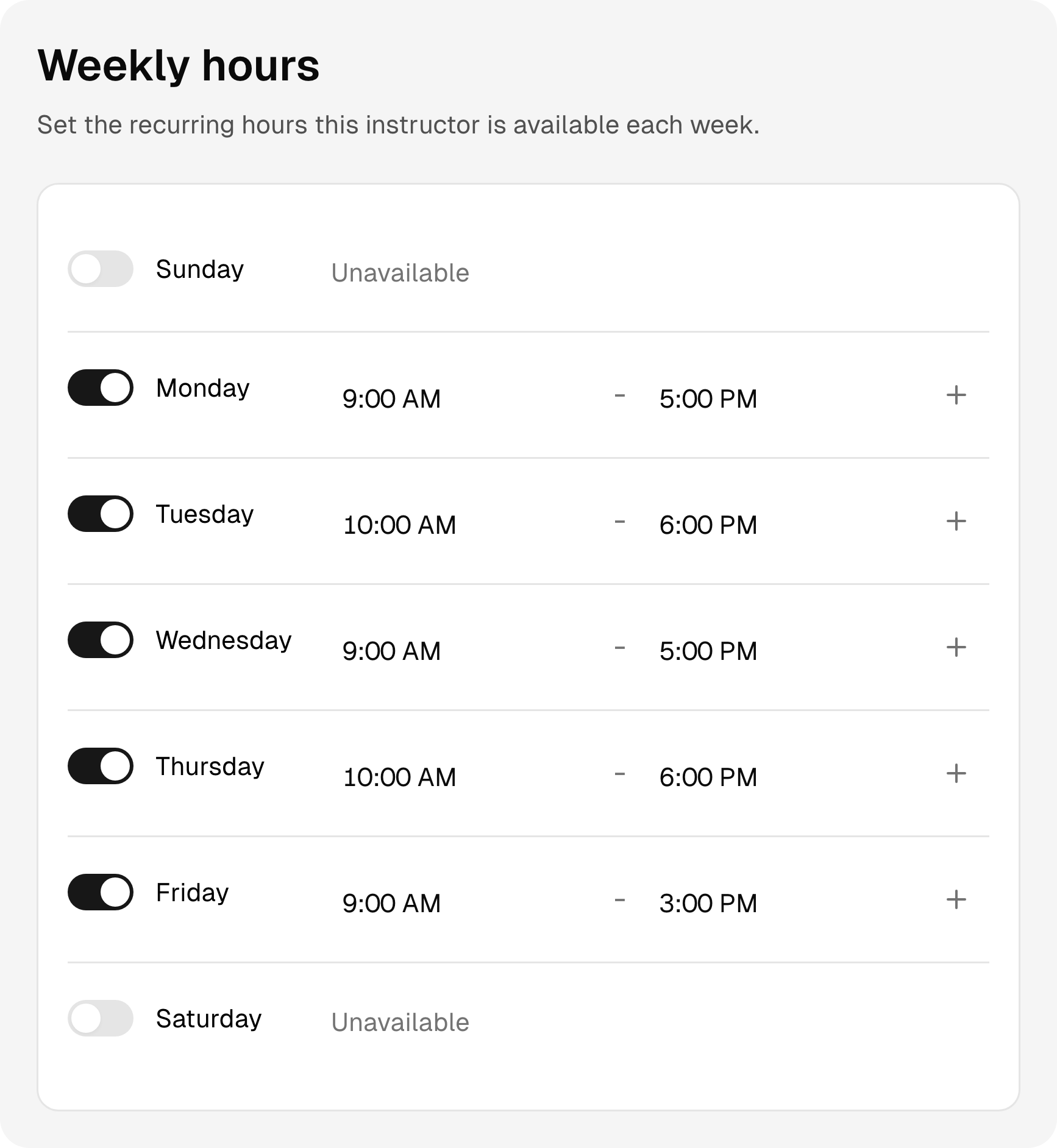 Recurring weekly working hours and days off for the pilates studio team.