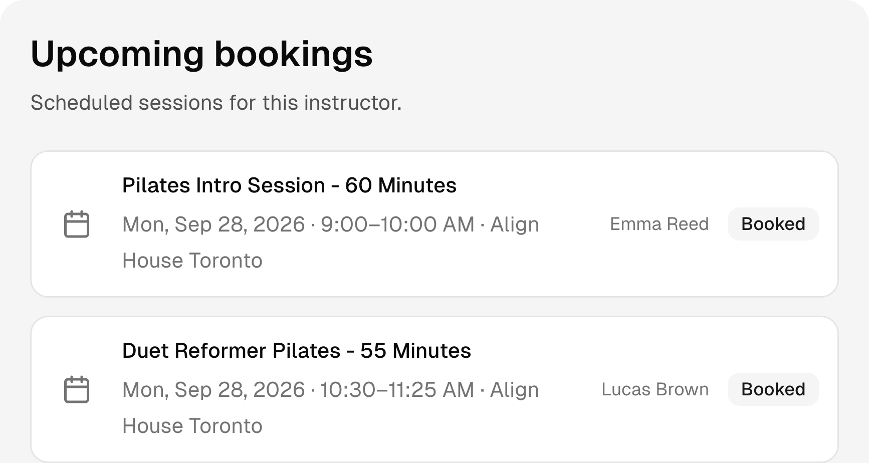 Upcoming pilates studio bookings with services, times, and status.