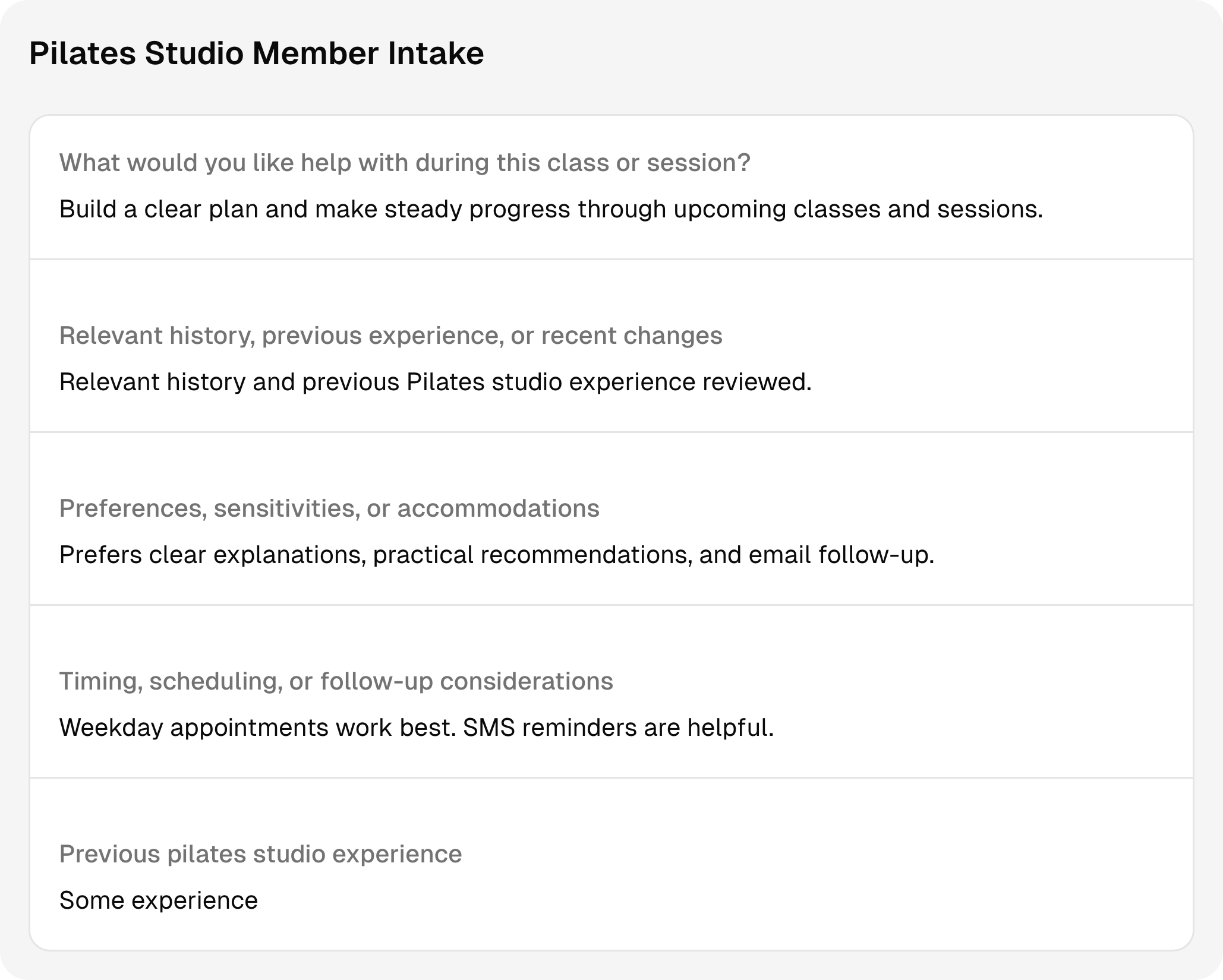 Completed pilates studio intake questions and answers using sample client information.