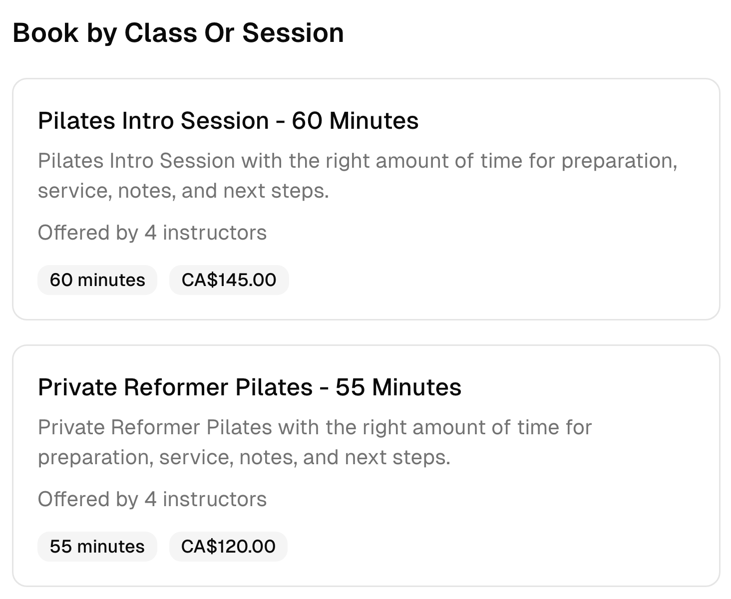 Two pilates studio booking options with their descriptions, duration, team, and prices.