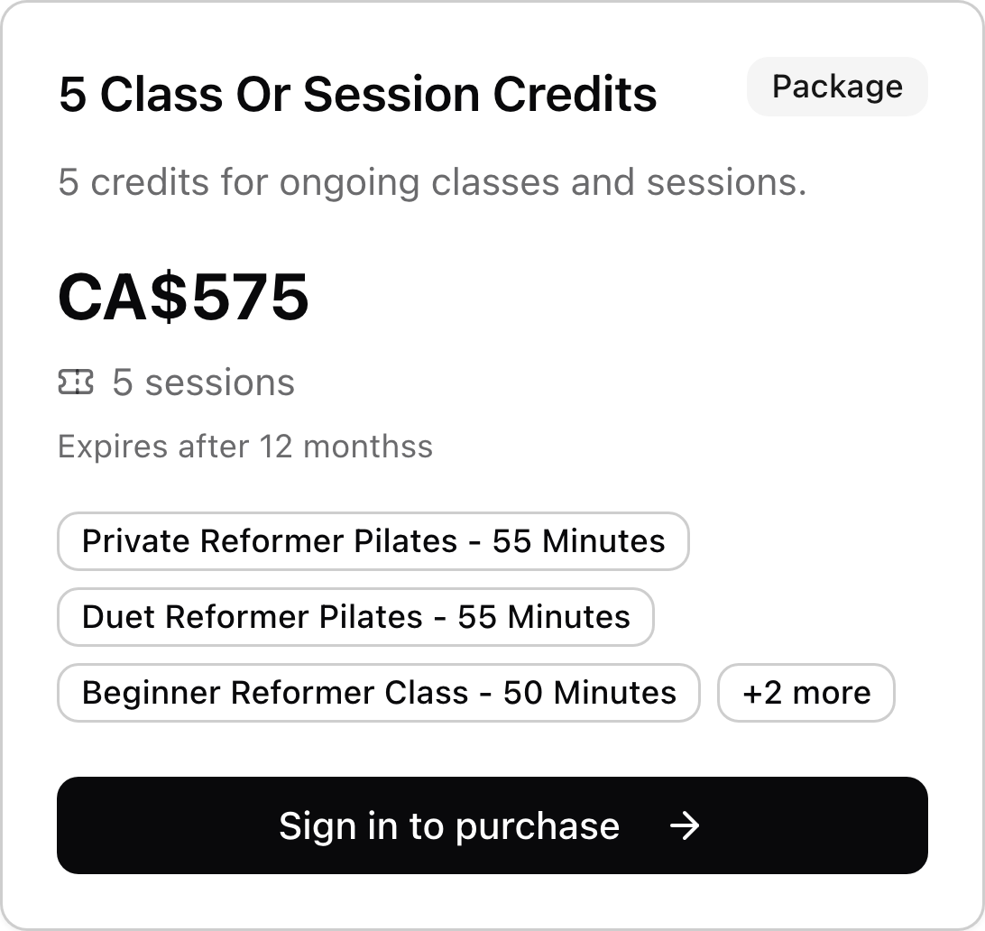 A pilates studio credit package with price, included services, and purchase link.