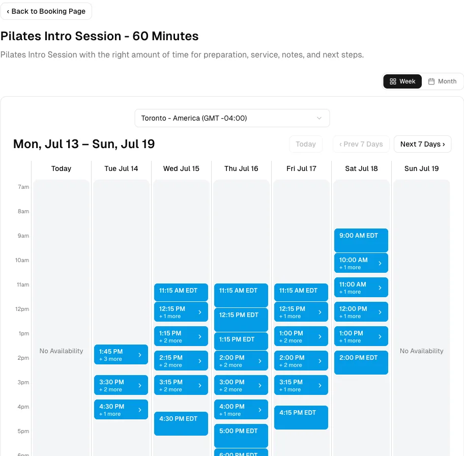 Pilates Studio software showing booking week.