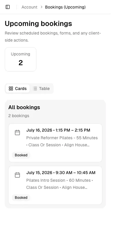 Pilates Studio software showing mobile.