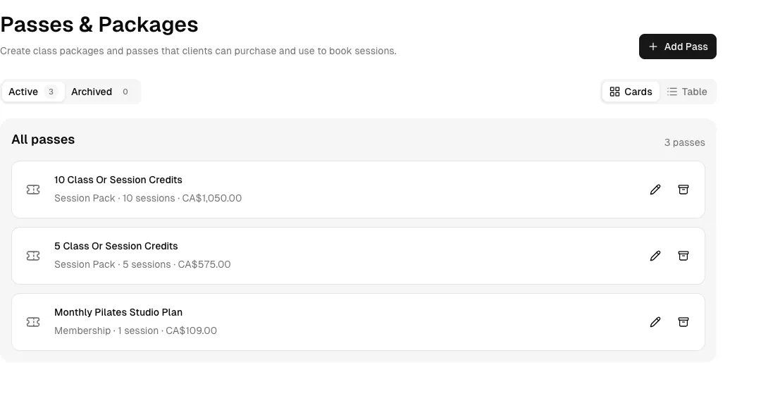 Pilates Studio software showing packages.