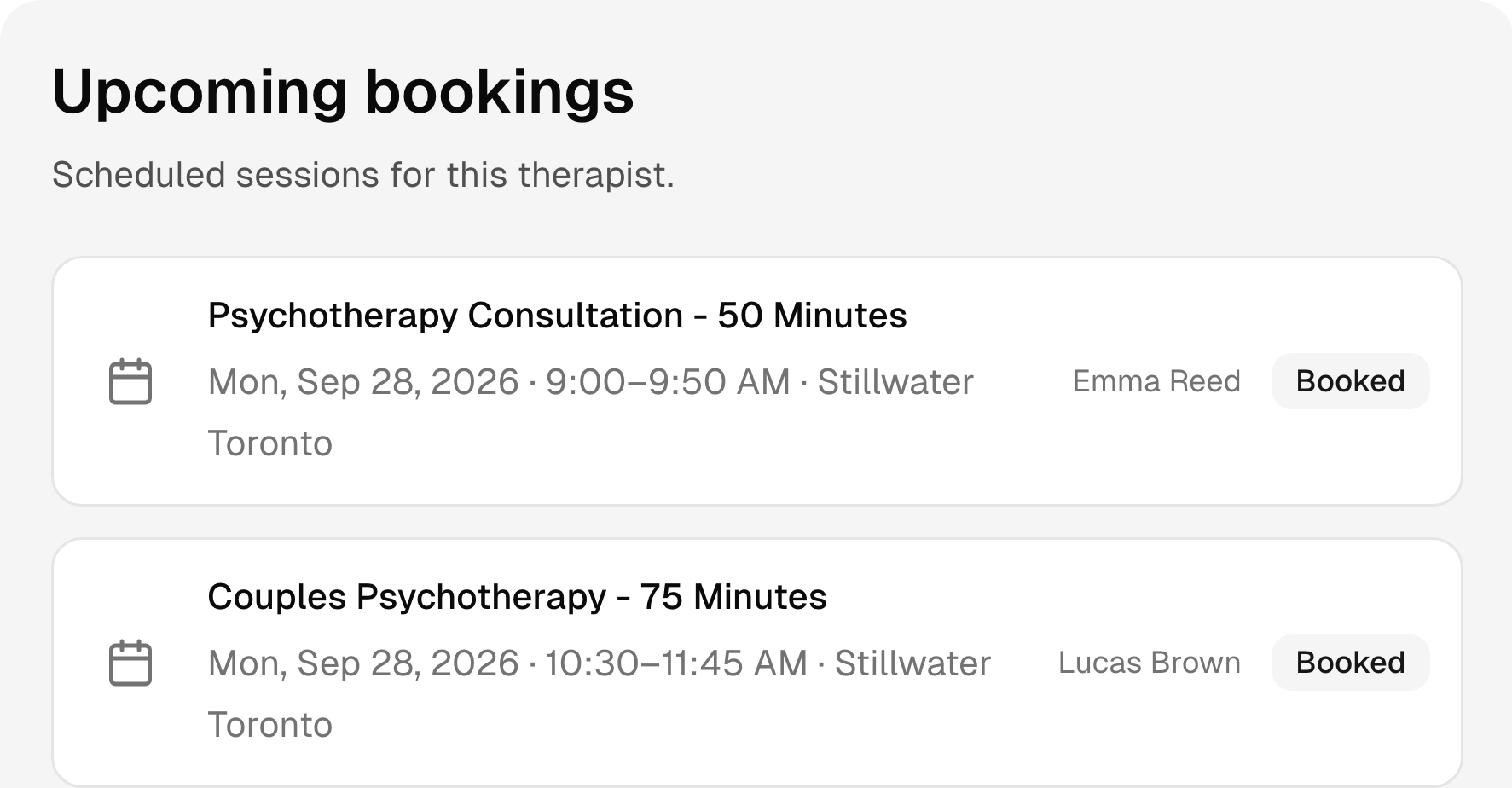 Upcoming psychotherapy bookings with services, times, and status.