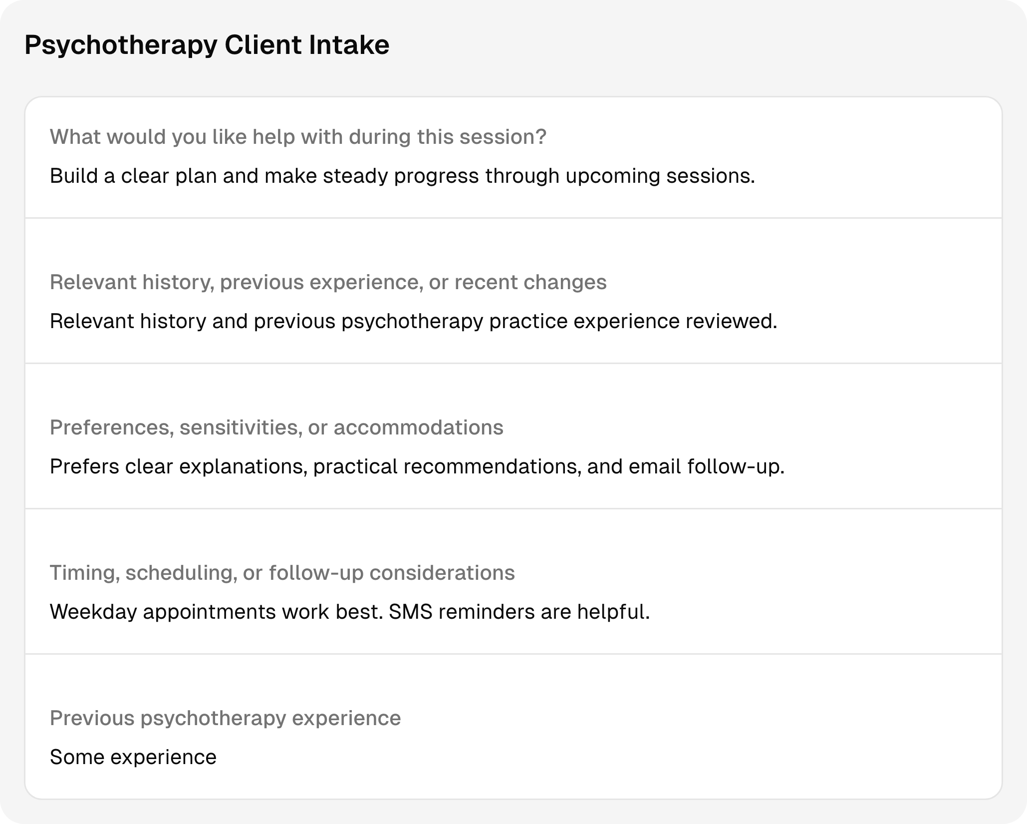Completed psychotherapy intake questions and answers using sample client information.
