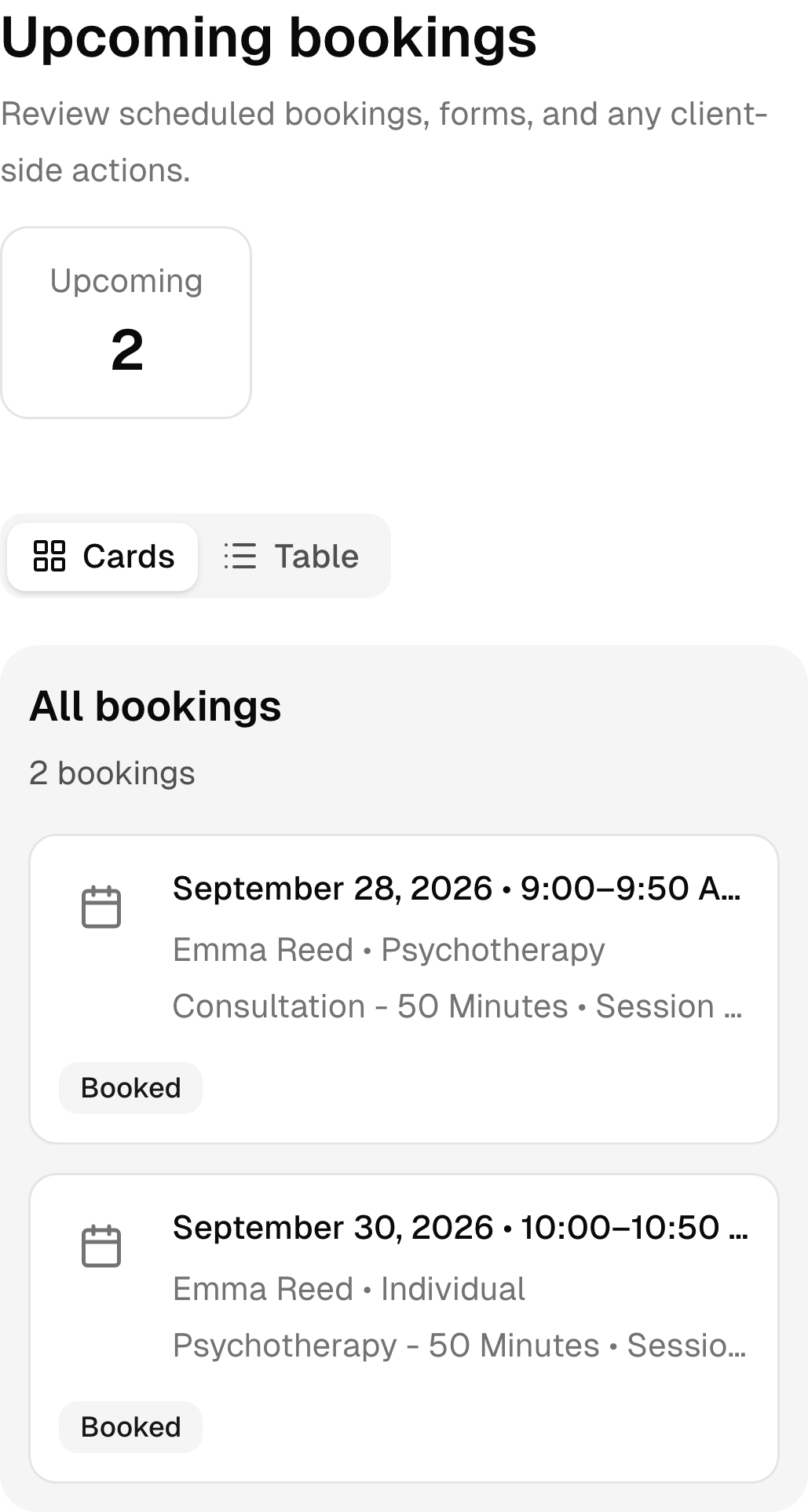 Upcoming psychotherapy bookings in the real mobile client portal.