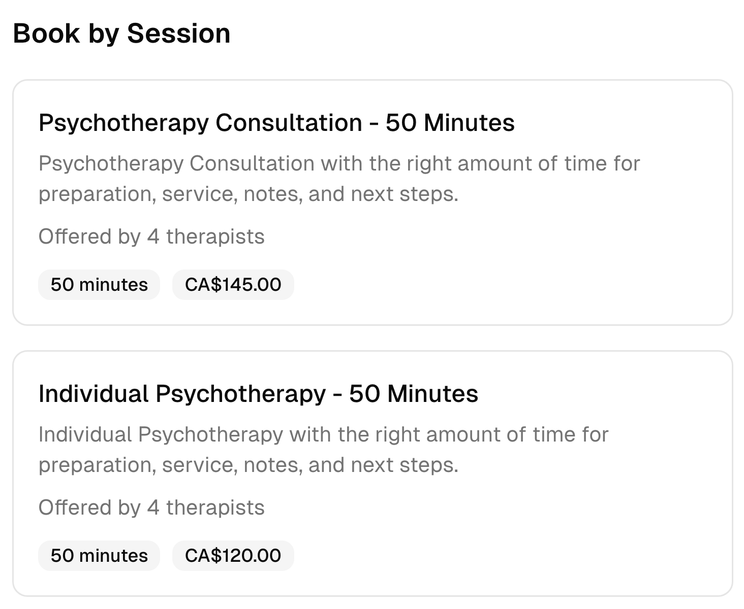 Two psychotherapy booking options with their descriptions, duration, team, and prices.