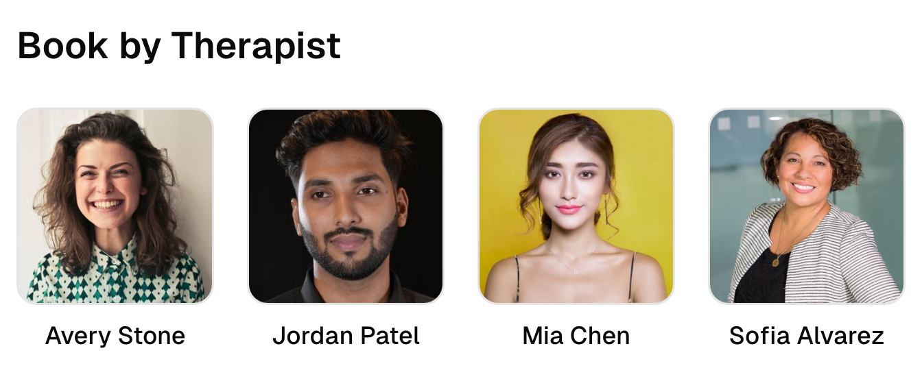 Four team profiles on the psychotherapy booking page.
