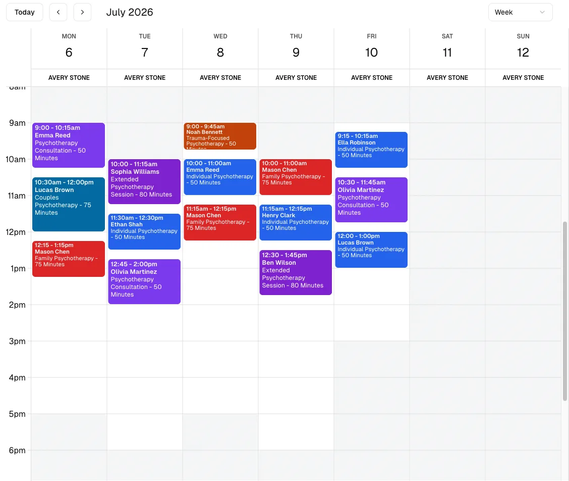 Psychotherapy software showing calendar.