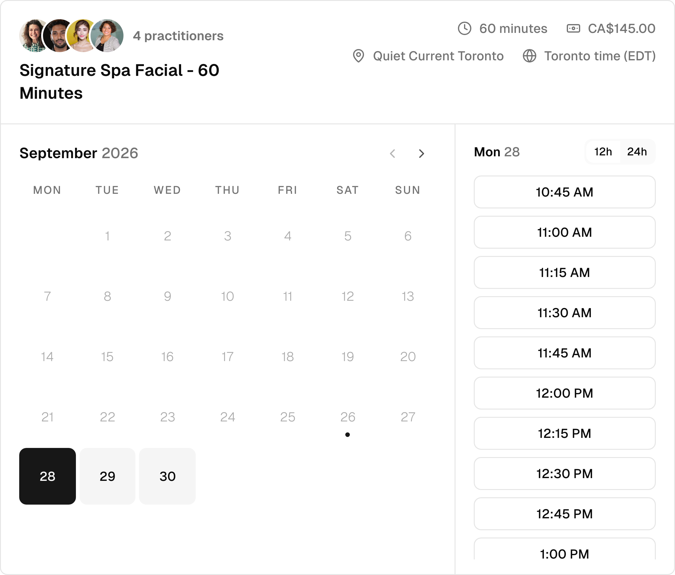 Monthly spa booking calendar with a selected date and available times.