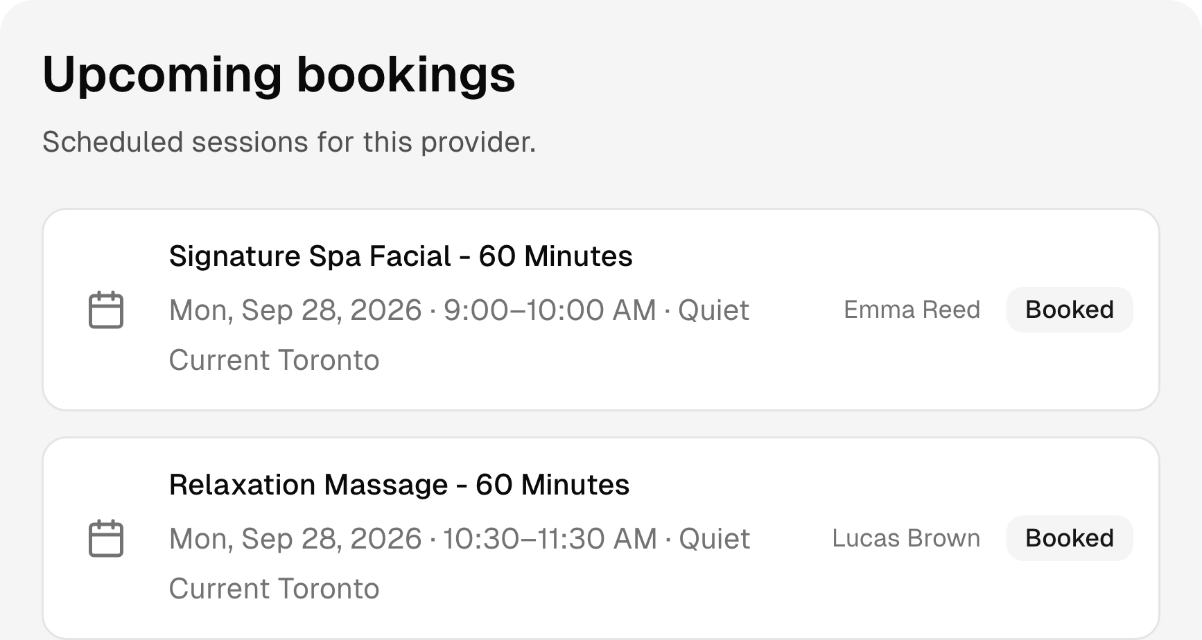 Upcoming spa bookings with services, times, and status.
