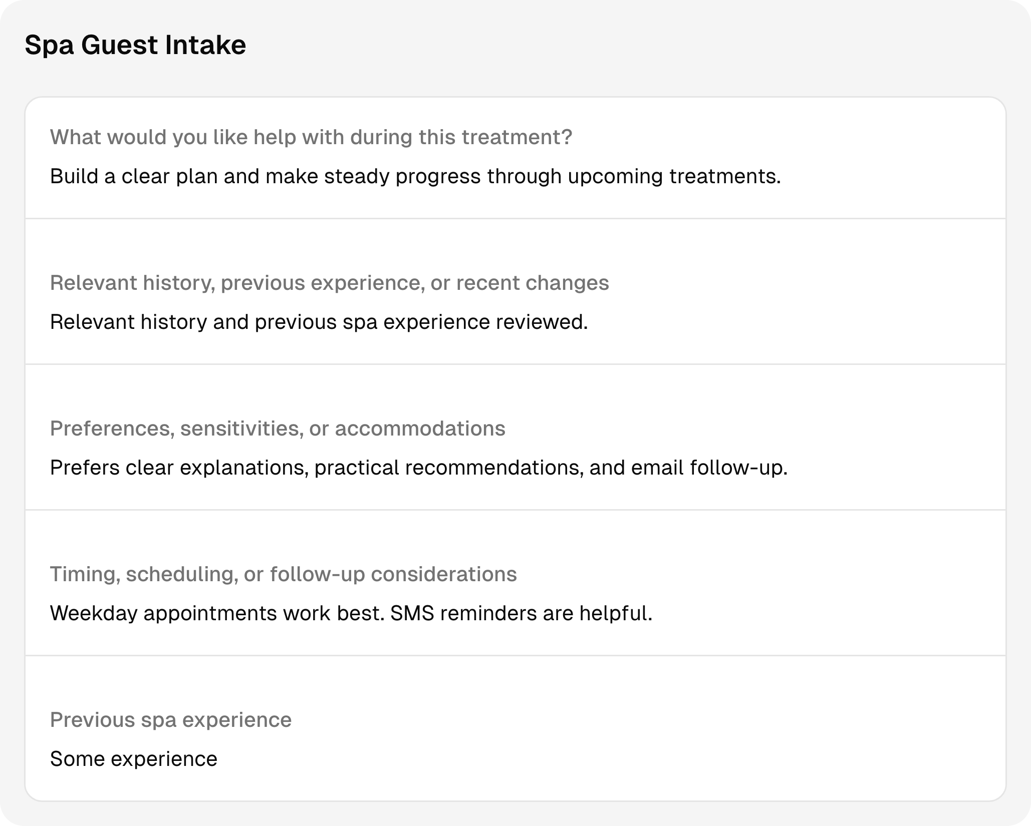 Completed spa intake questions and answers using sample client information.
