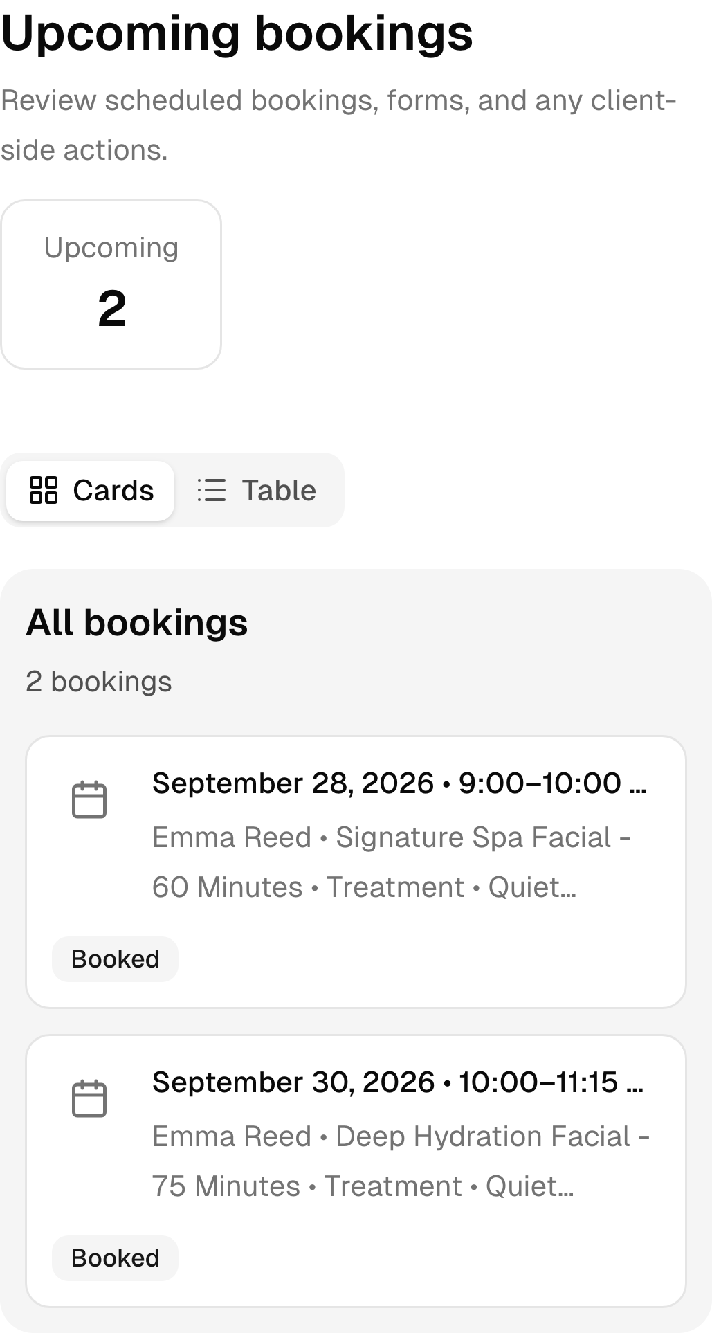Upcoming spa bookings in the real mobile client portal.