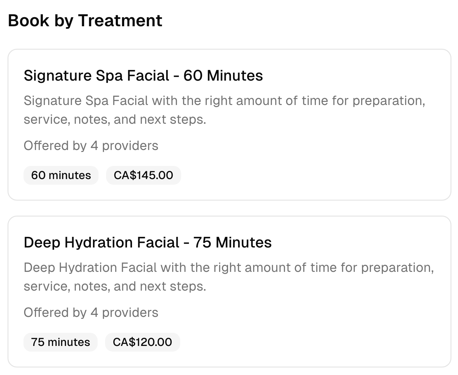 Two spa booking options with their descriptions, duration, team, and prices.