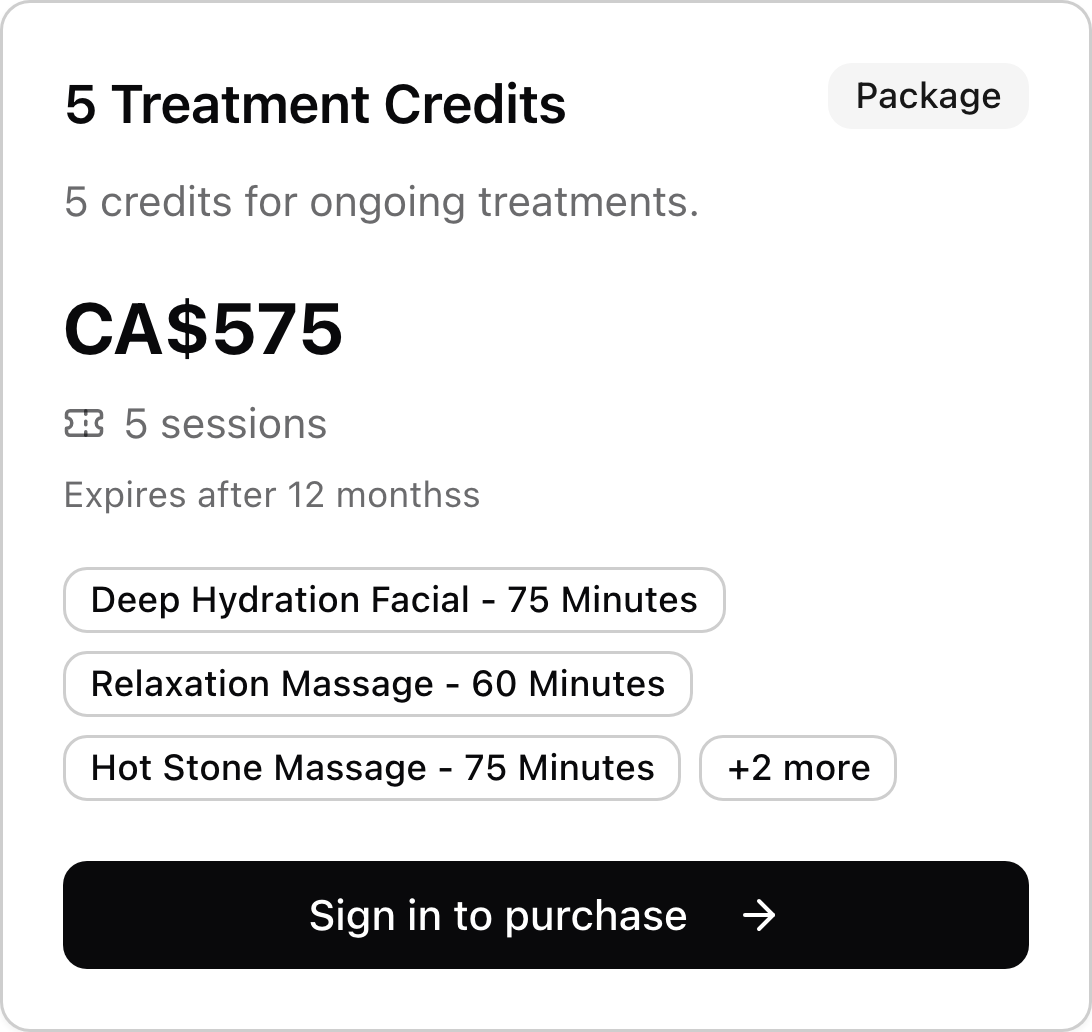 A spa credit package with price, included services, and purchase link.