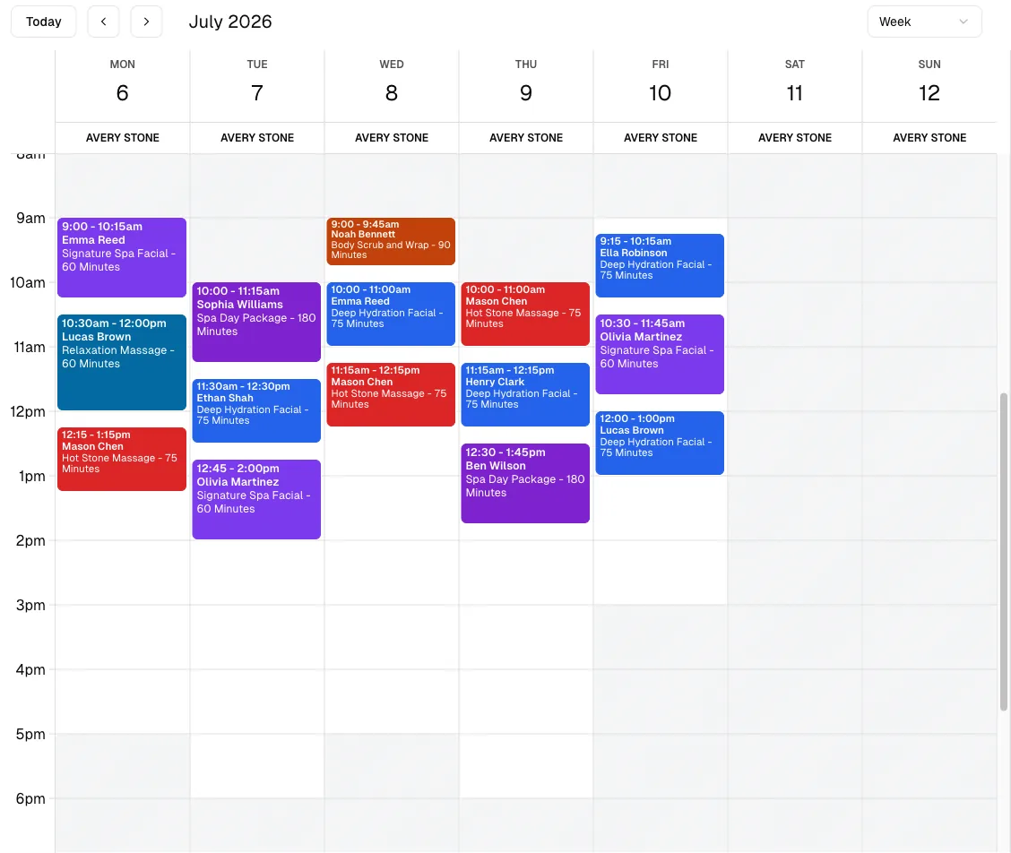 Spa software showing calendar.