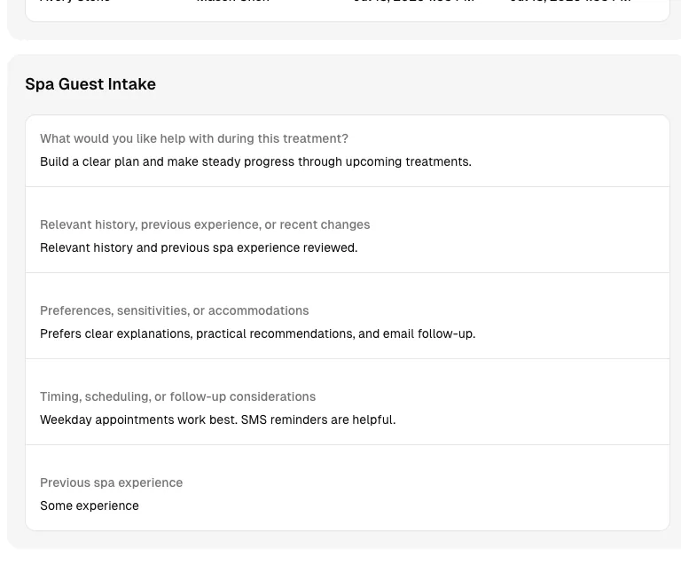 Spa software showing form.