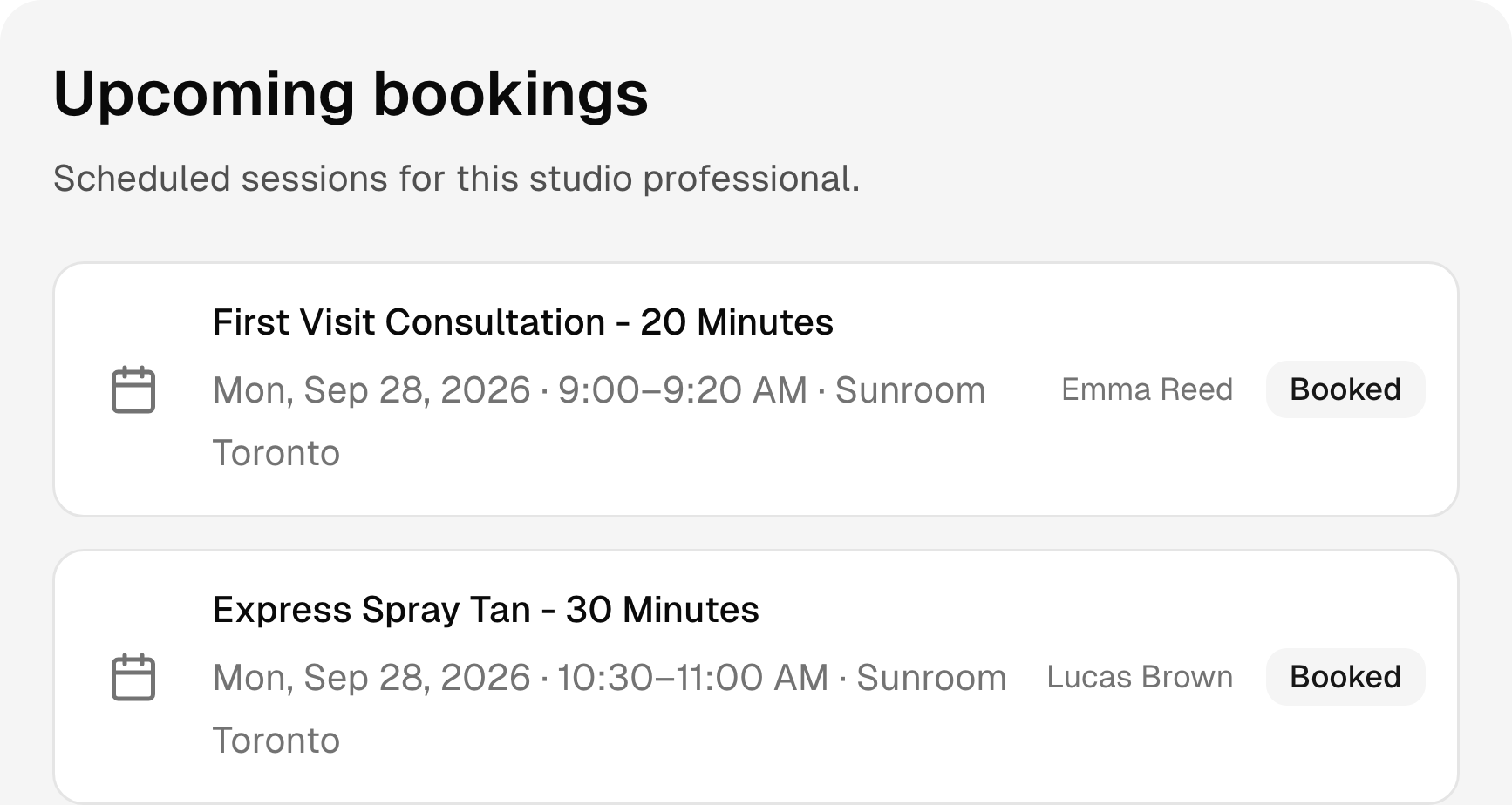 Upcoming tanning studio bookings with services, times, and status.