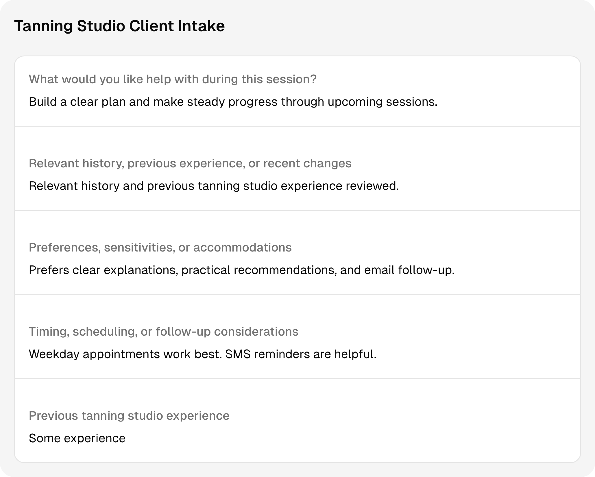 Completed tanning studio intake questions and answers using sample client information.