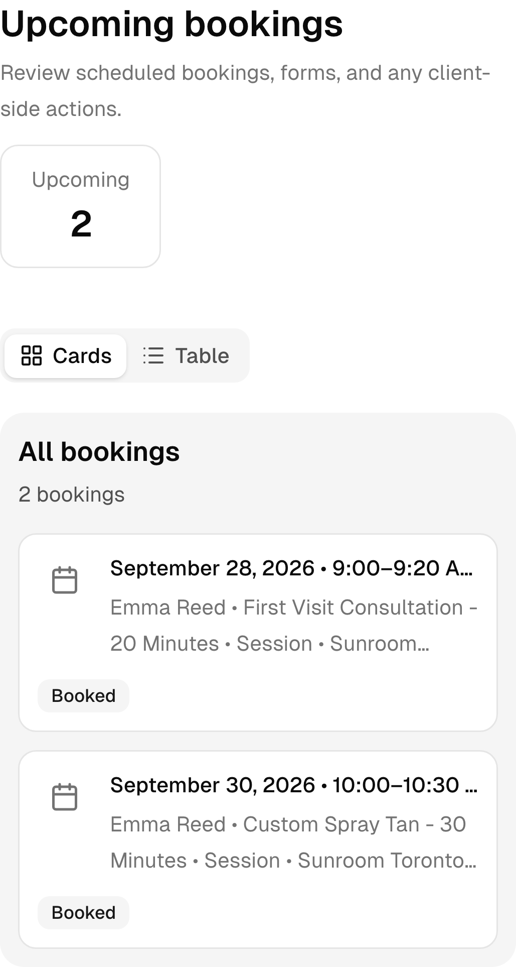 Upcoming tanning studio bookings in the real mobile client portal.