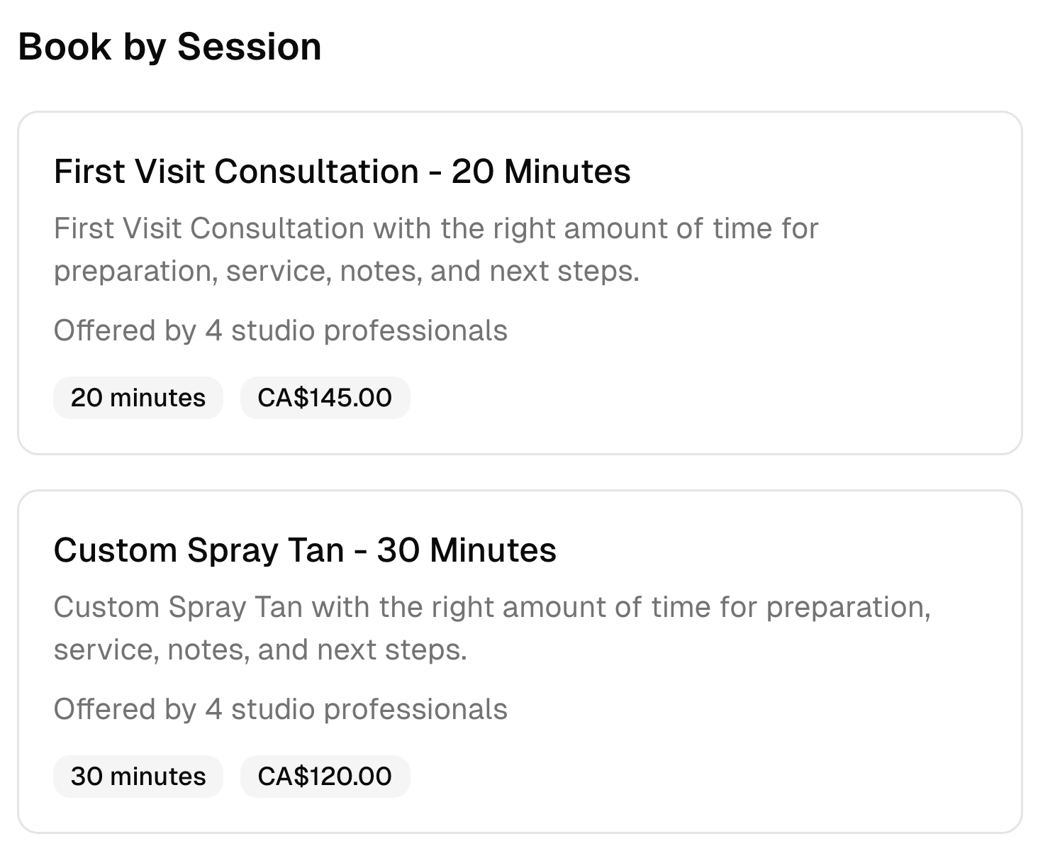 Two tanning studio booking options with their descriptions, duration, team, and prices.