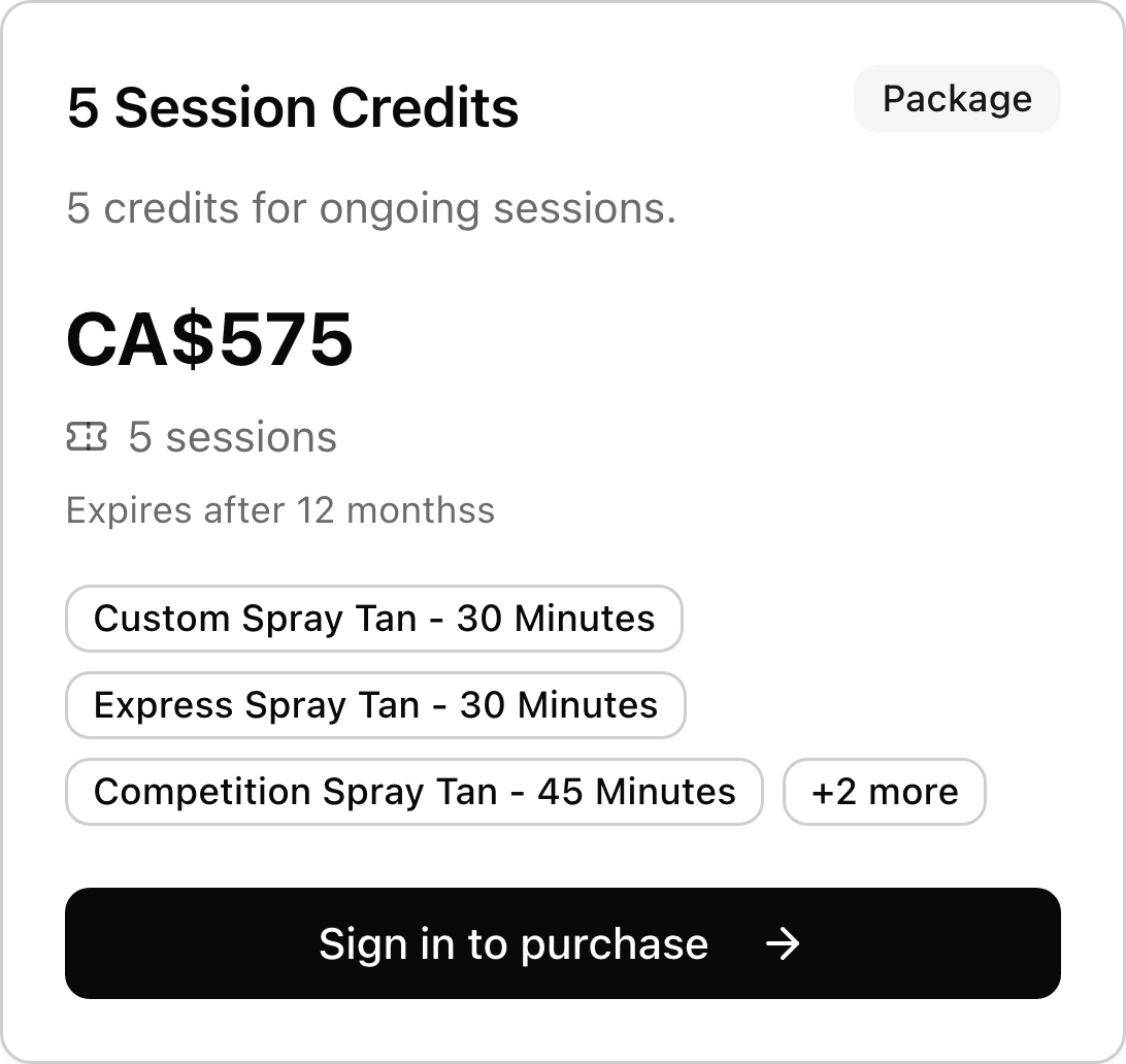 A tanning studio credit package with price, included services, and purchase link.