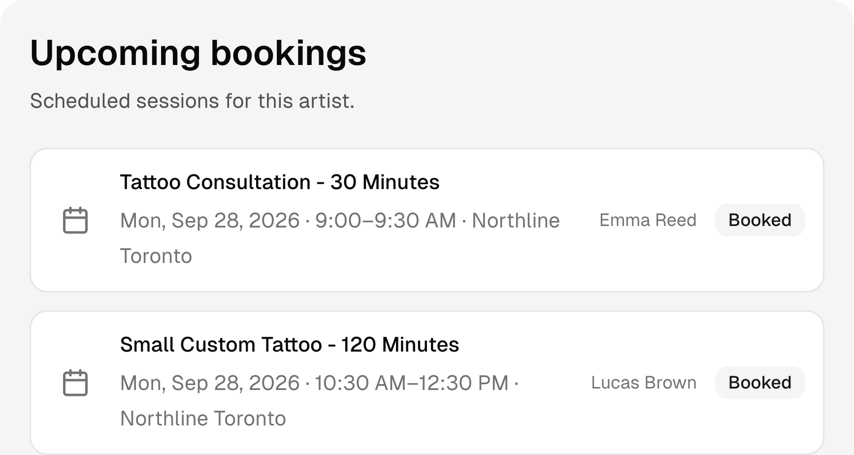 Upcoming tattooing & piercing bookings with services, times, and status.