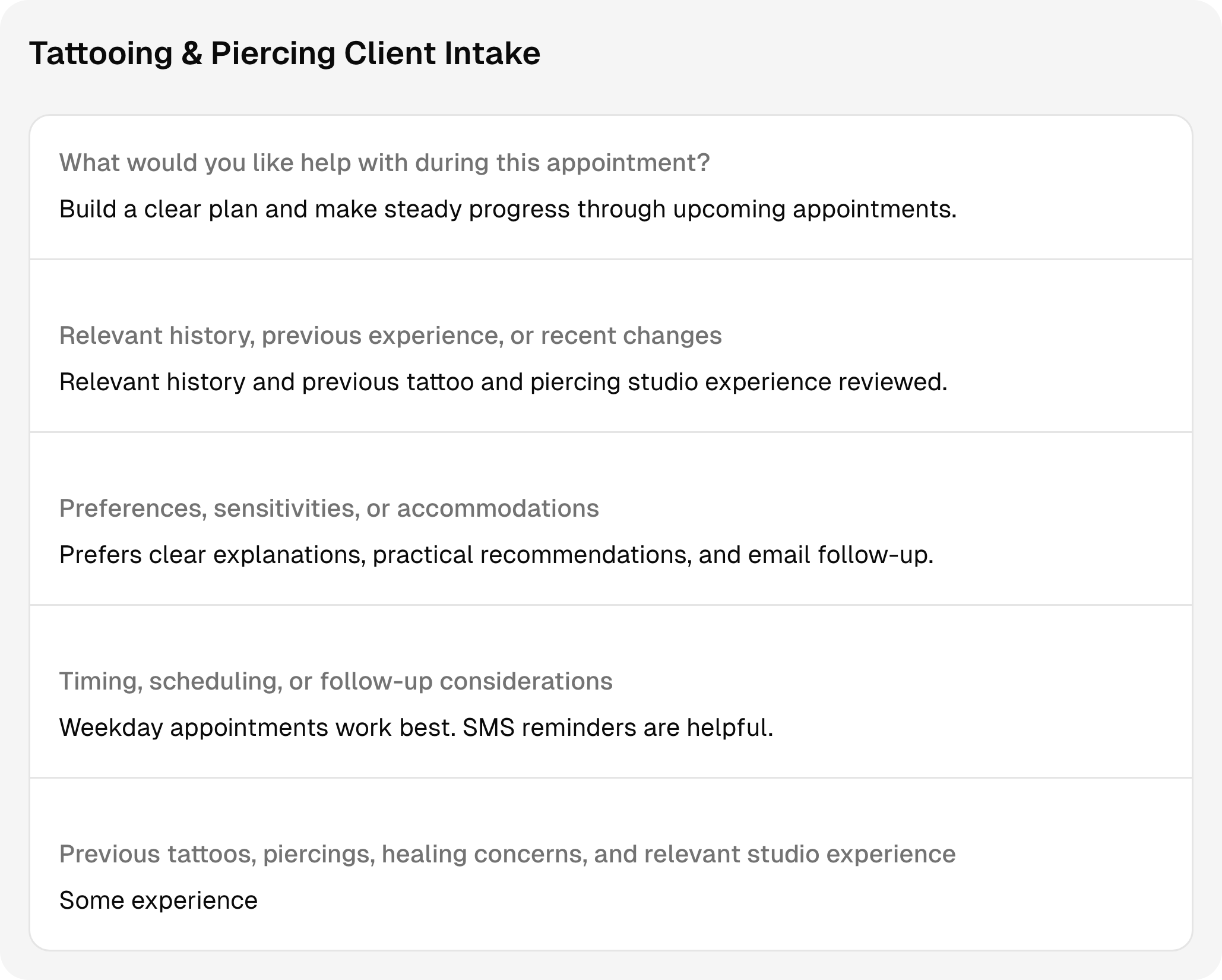 Completed tattooing & piercing intake questions and answers using sample client information.