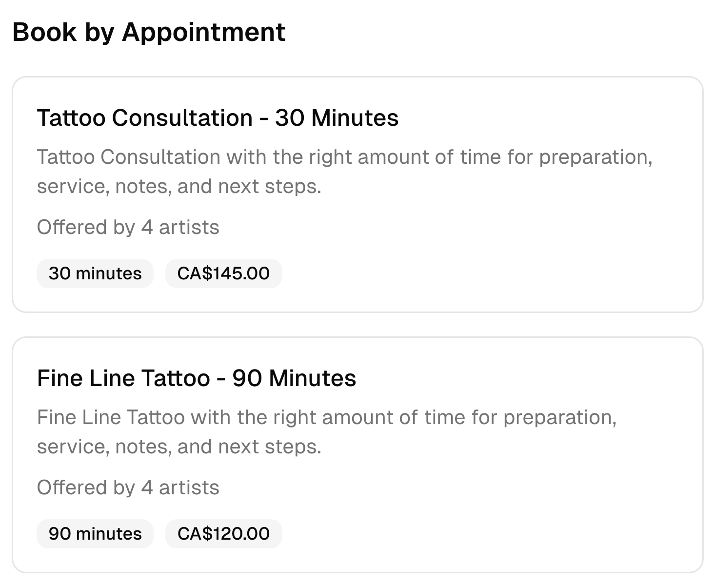 Two tattooing & piercing booking options with their descriptions, duration, team, and prices.