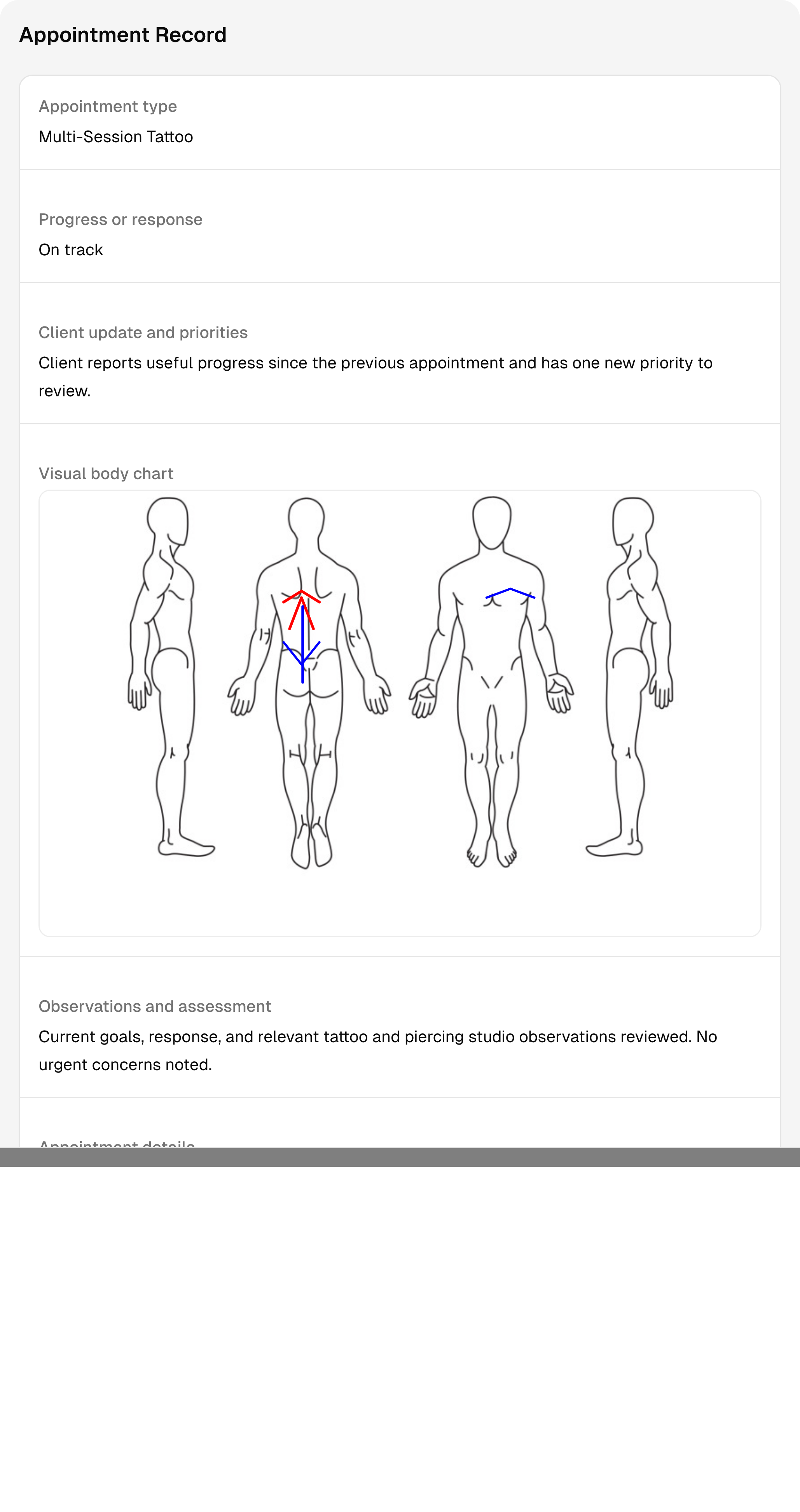 A completed tattooing & piercing session record with sample notes and follow-up context.