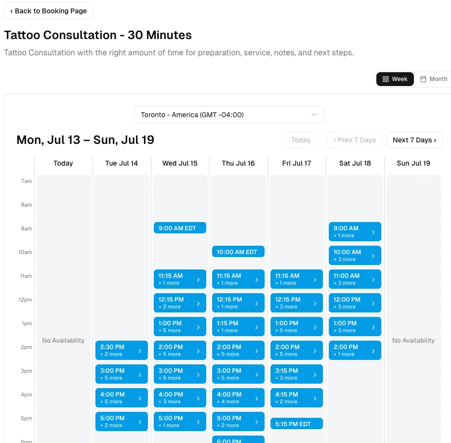 Tattooing & Piercing software showing booking week.
